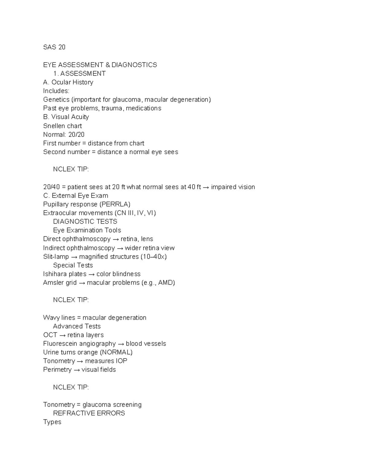SAS 20 EYE & HEARING ASSESSMENT DIAGNOSTICS NOTES - Studocu