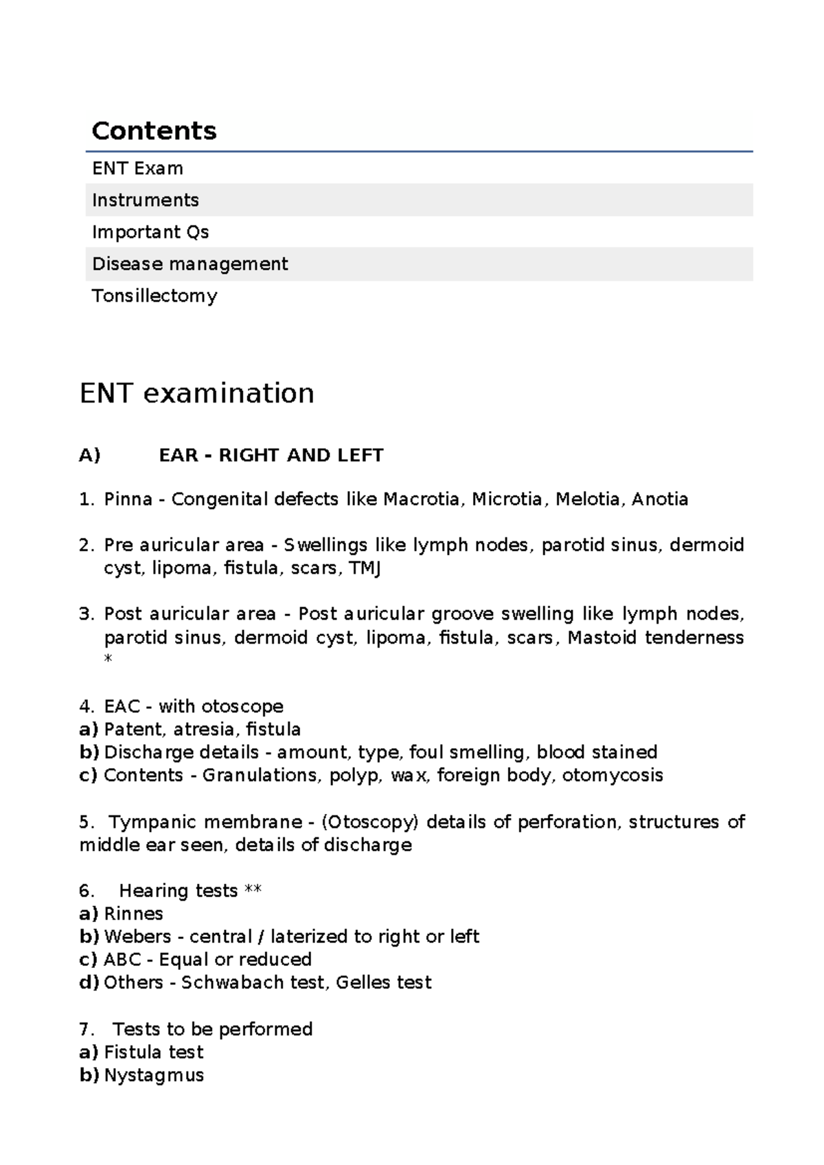 ENT 101 - Comprehensive Notes on Examination and Management Techniques ...