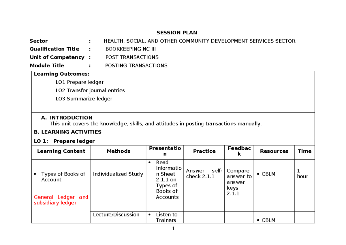 SESSION PLAN: Posting Transactions Revision for Bookkeeping NC - Studocu