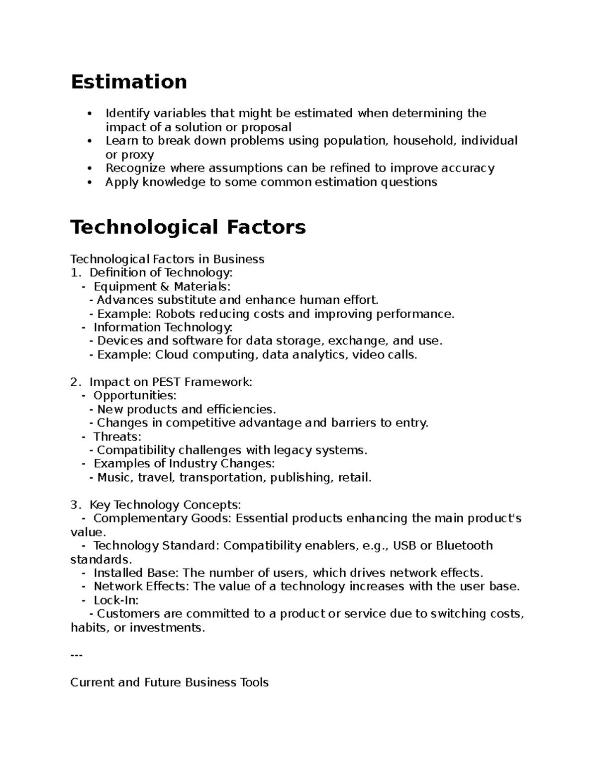 BU111 Final exam notes - Estimation Identify variables that might be ...