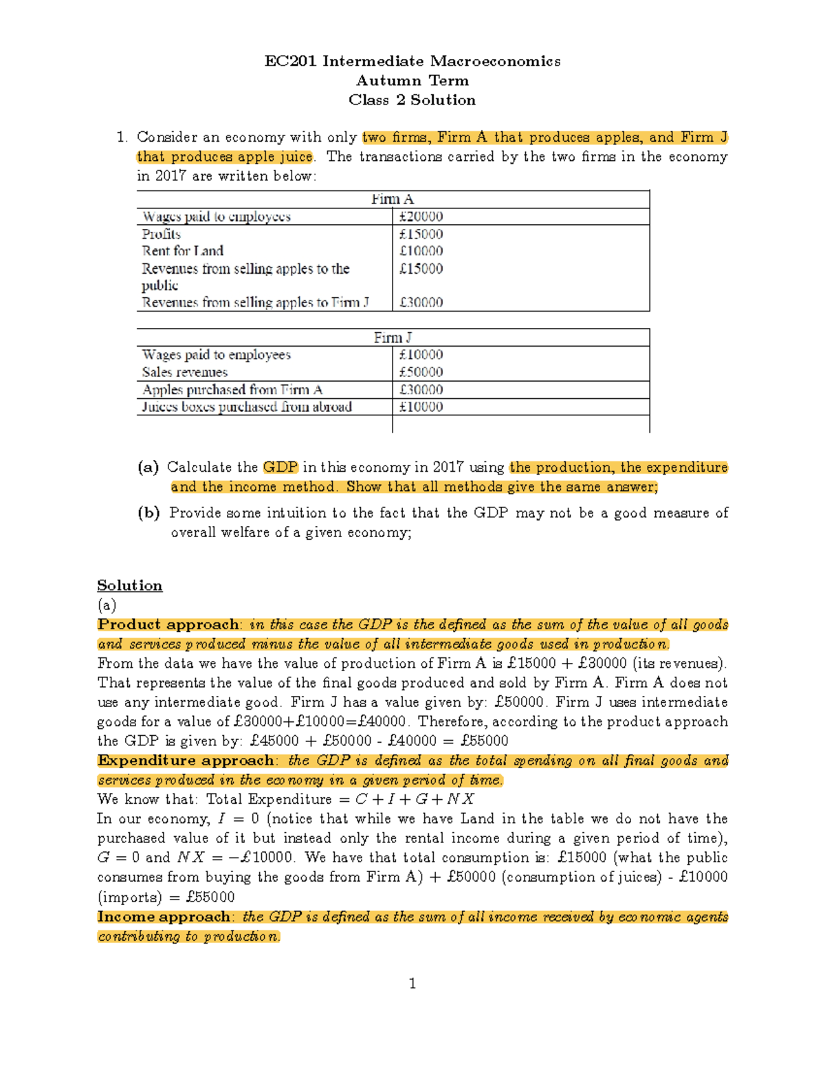 EC201 Intermediate Macroeconomics Autumn Term Class 2 GDP Analysis and ...