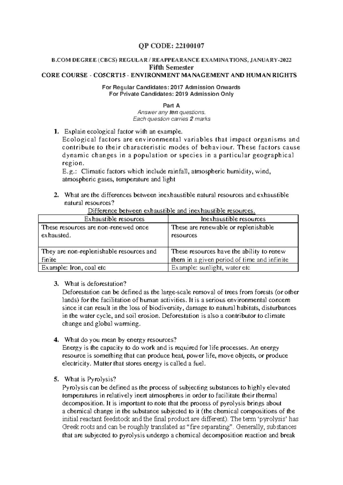 SOV 22100107 B.Com S5 EMHR: Environment Management & Human Rights Exam ...
