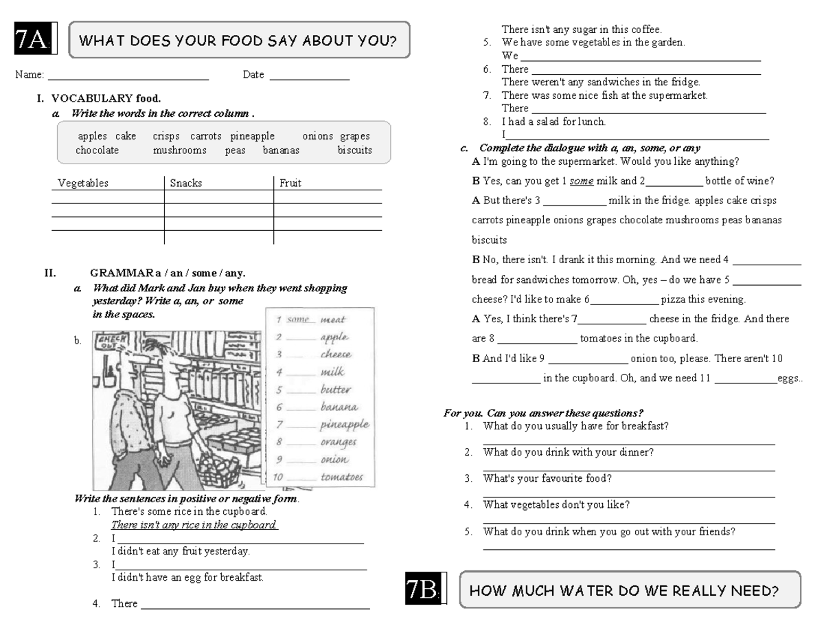 7A, 7B, 7C, 7D - Practice Exercises on Food and Quantifiers - Studocu