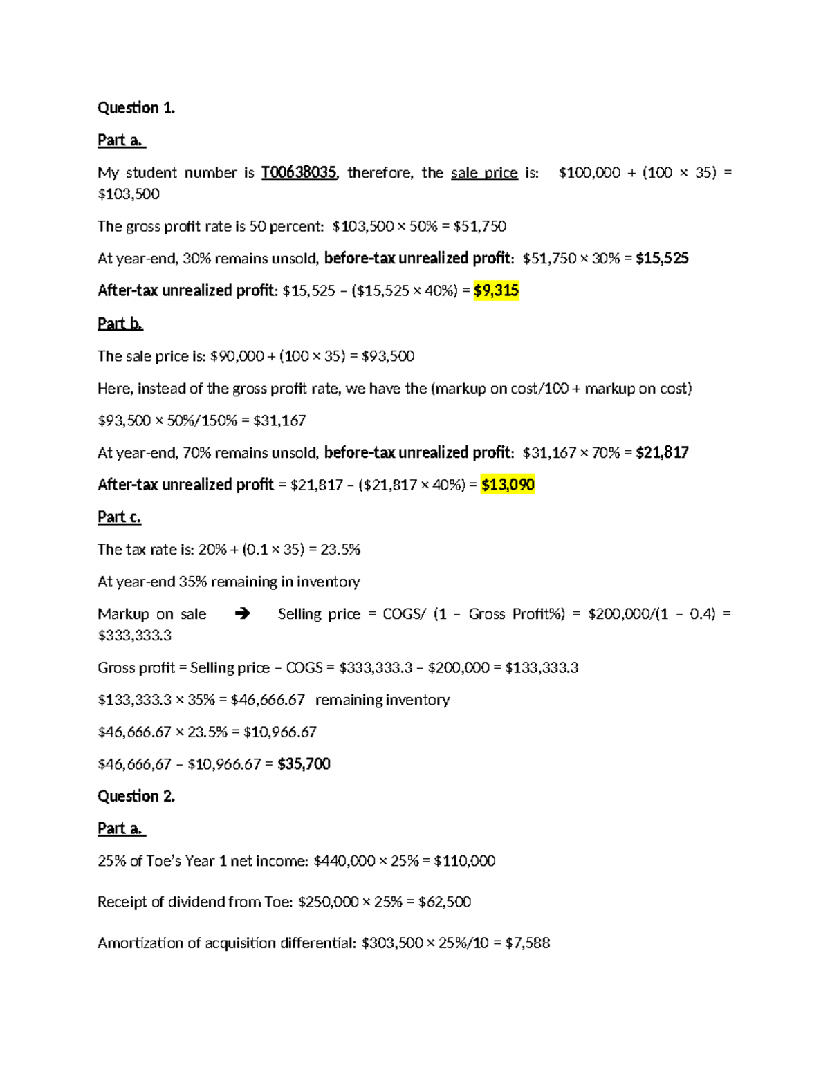 Assignment 1 - Solution Overview and Calculations - ACCT101 - Studocu