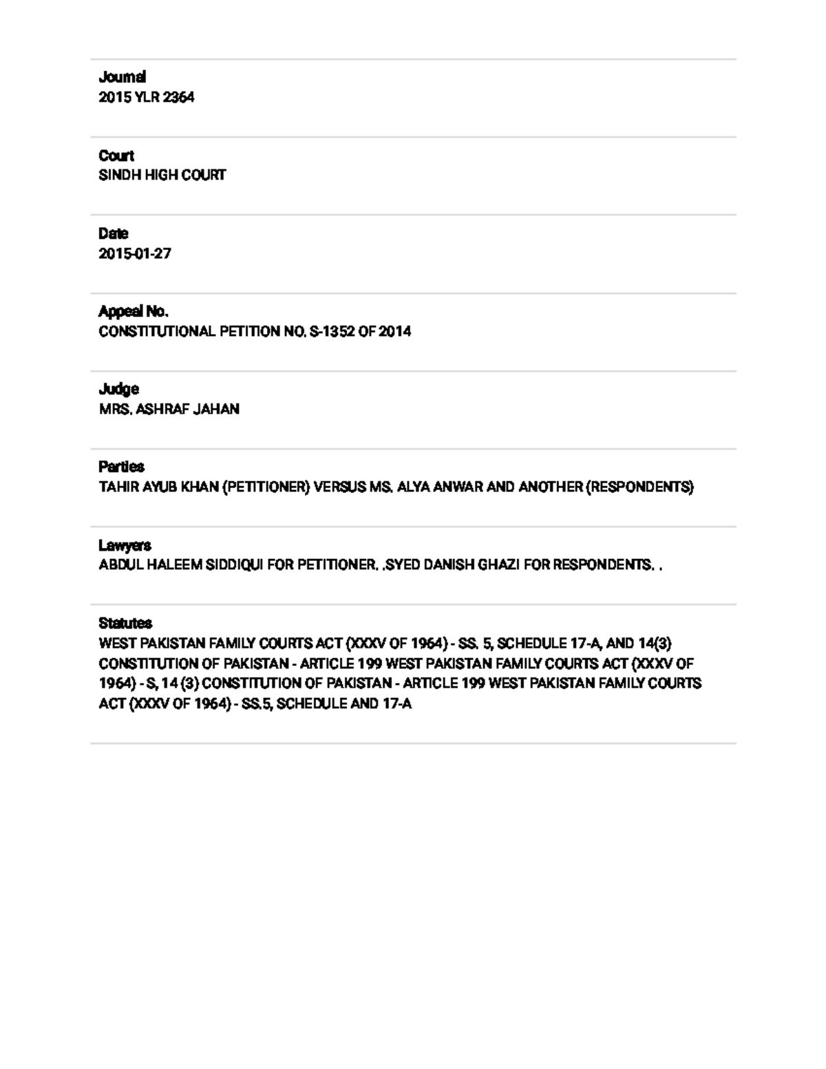 2015 YLR 2364 - Constitutional Petition on Interim Maintenance Order ...