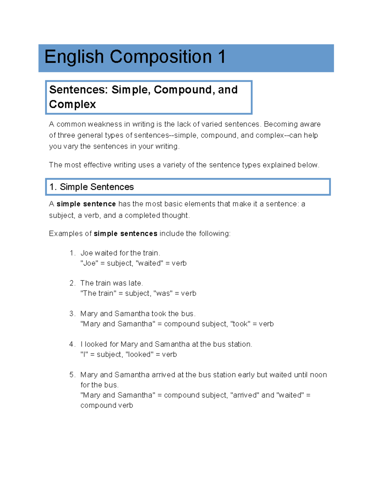 English Composition 1: Simple, Compound & Complex Sentences Guide - Studocu