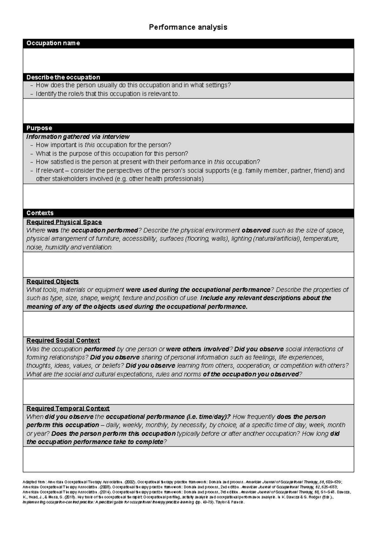 Performance Analysis Template for Occupational Therapy (OT 101) - Studocu