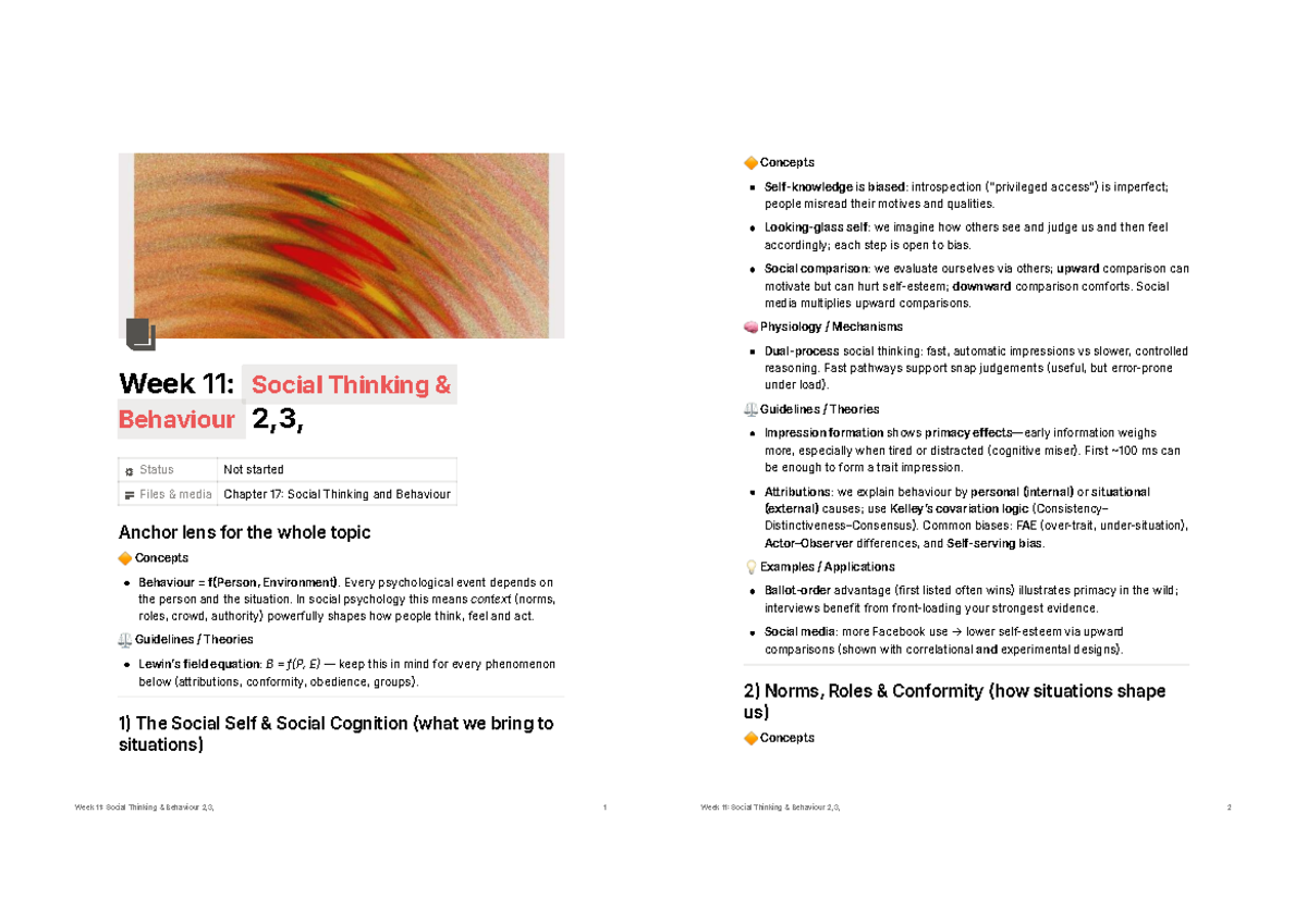 Week 11: Social Thinking and Behaviour Lecture Notes - Studocu