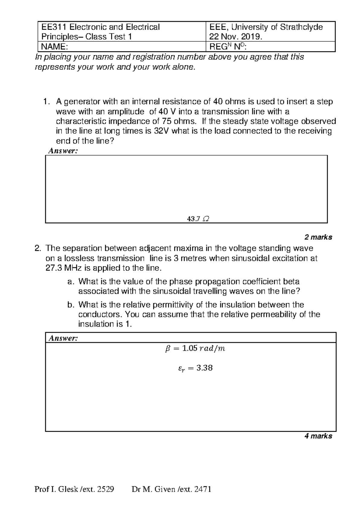 EE311 Class Test 2: Exemplary Solutions and Problem-Solving Guide - Studocu