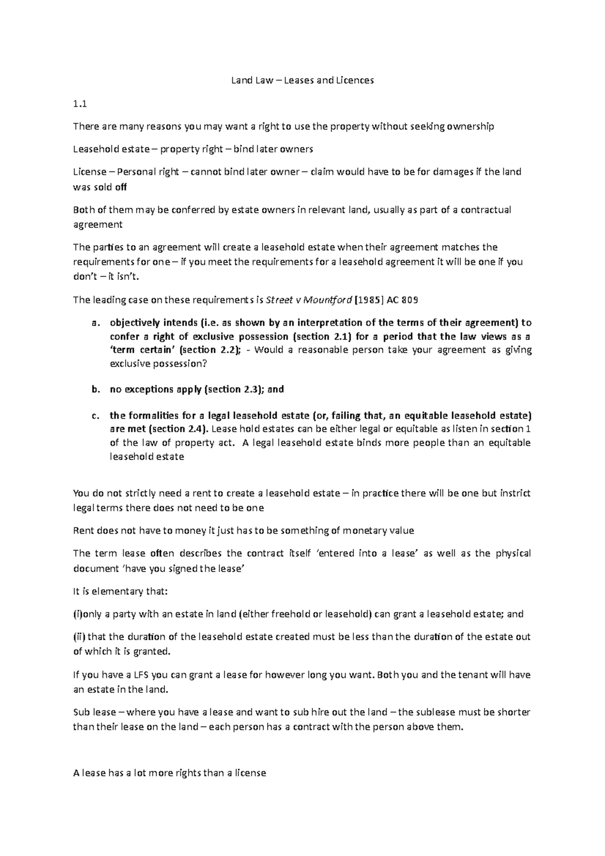 Land Law: Notes on Leases & Licenses Explained (LL400) - Studocu