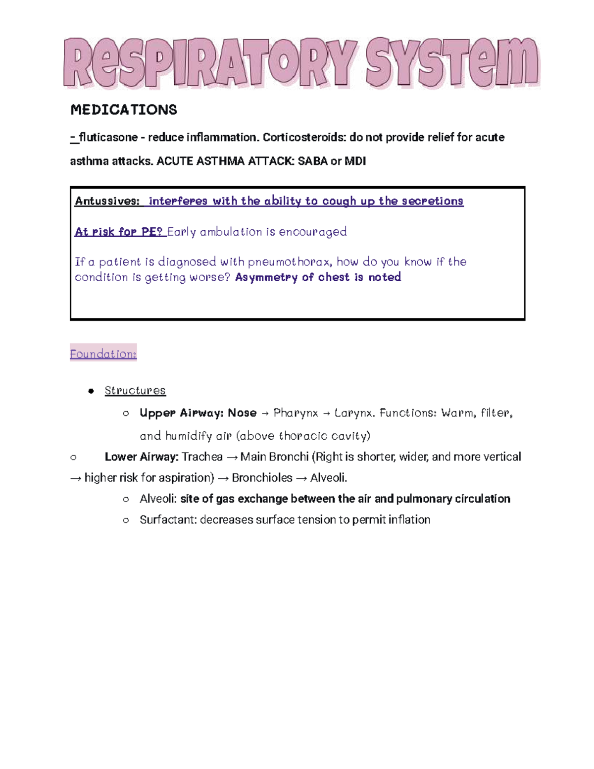 FILE 8679 - Respiratory System Overview and Nursing Interventions - Studocu