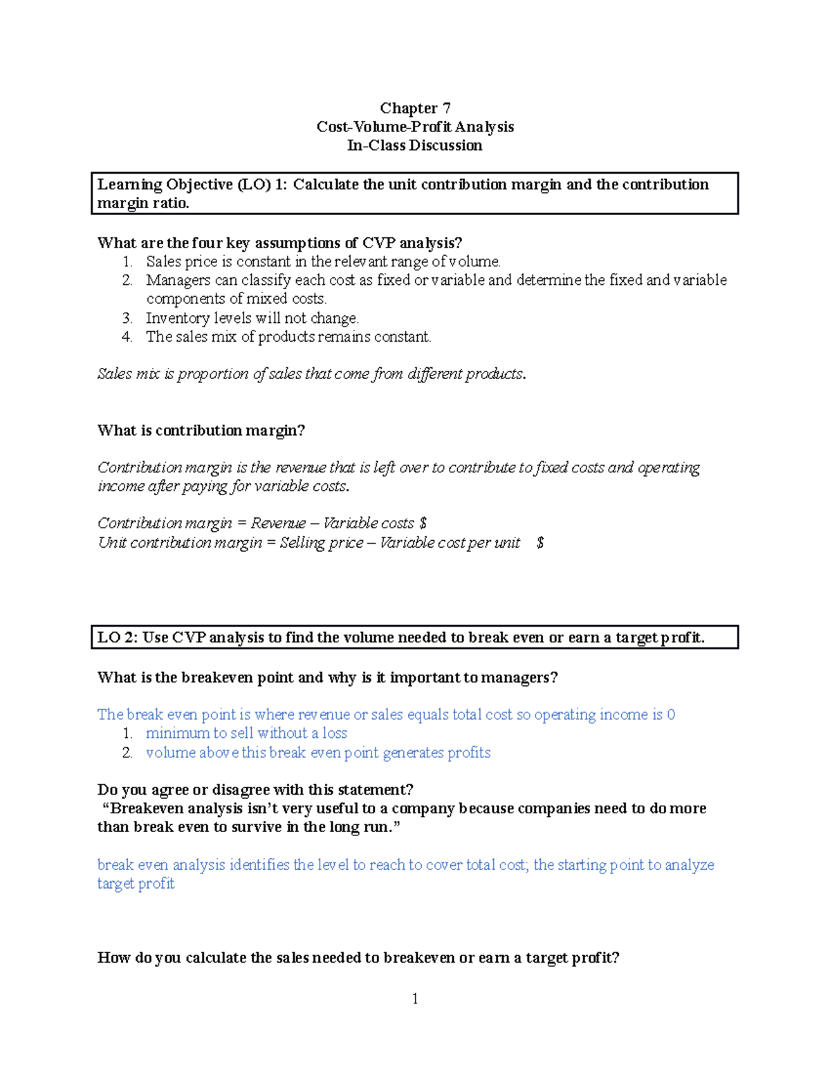 Chapter 7 - CVP Analysis Lecture Notes by Prof. Ji Yuan - Studocu