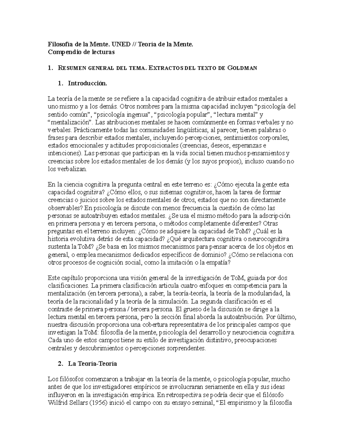 Teoría de la Mente: Resumen & Enfoques de Estudio - Filosofía de la Mente - Document Preview