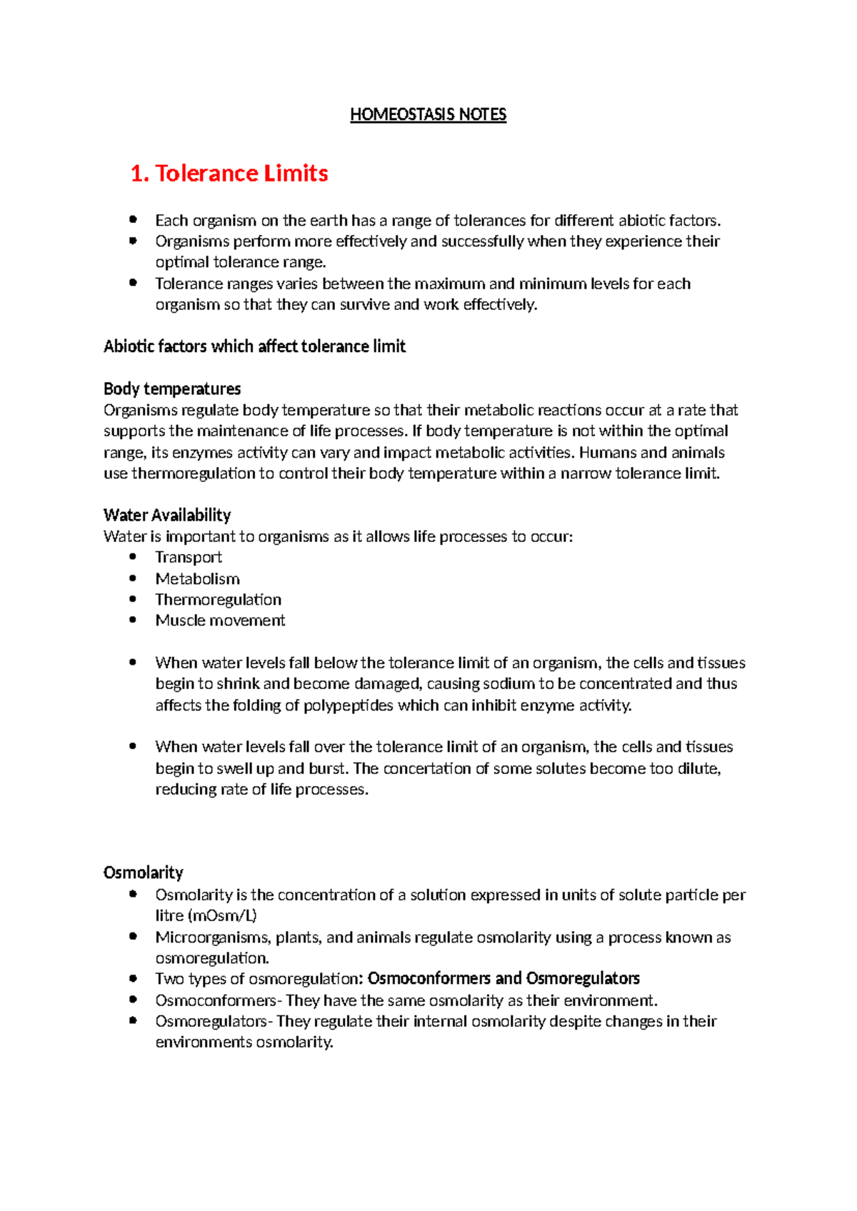 Homeostasis Notes: Tolerance Limits and Control Processes Overview ...