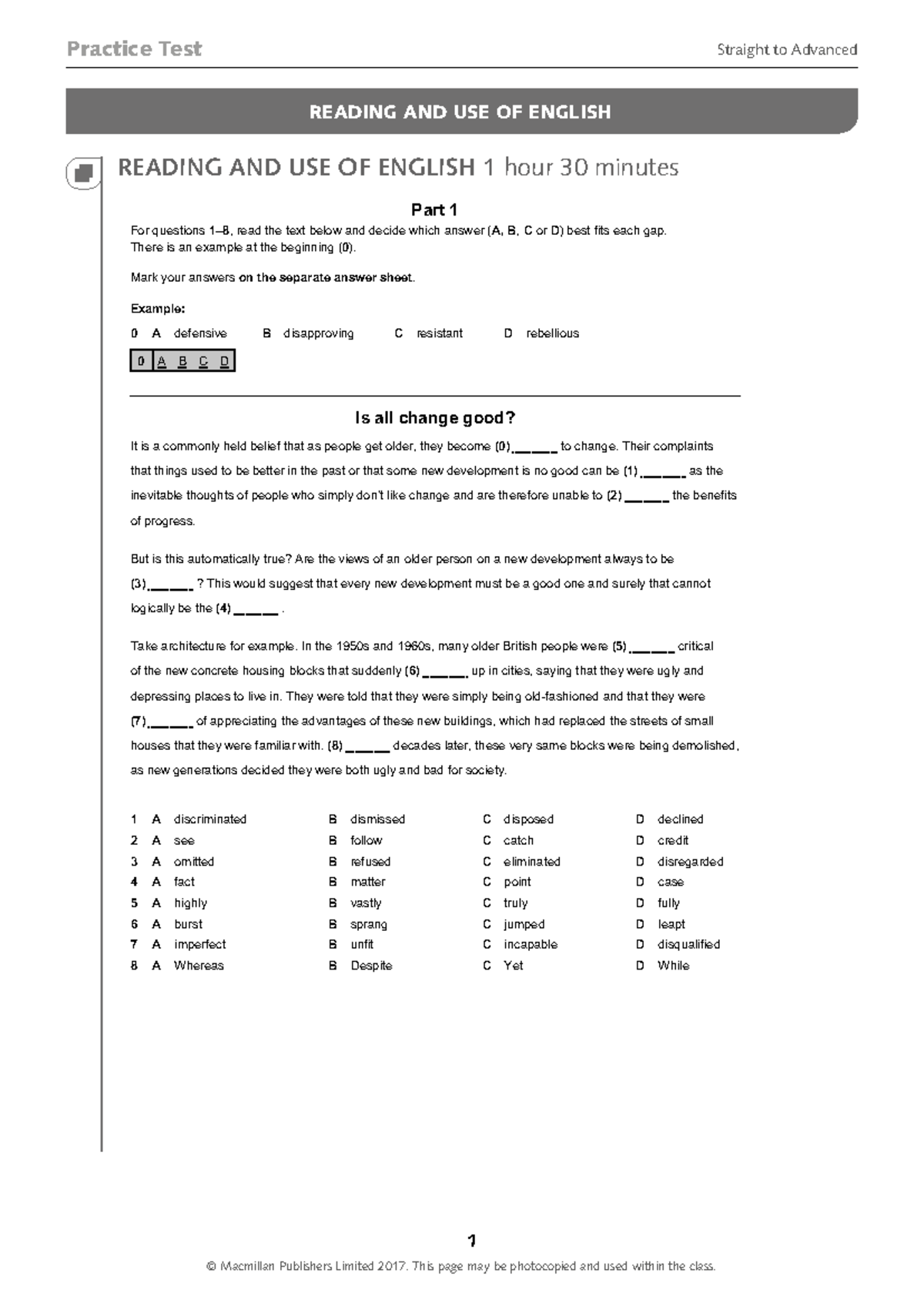 Advanced Practice Test: Reading & Use of English Part 1 - Studocu