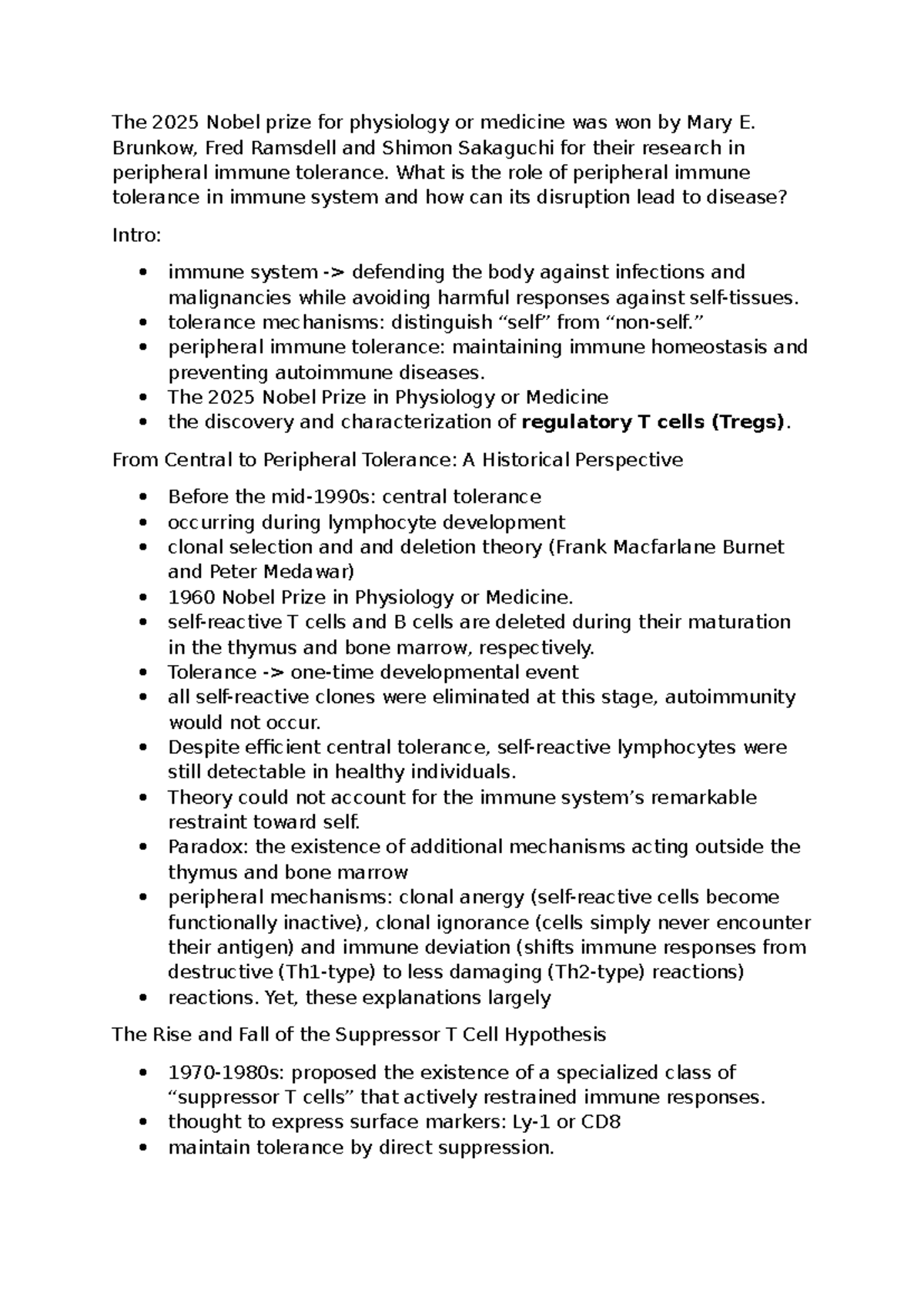 Nobel Laureate Essay: Peripheral Immune Tolerance & Its Role in Disease ...
