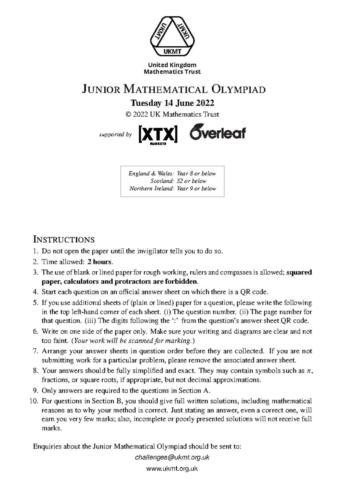Junior Mathematical Olympiad JMO 2022: Exam Paper & Instructions ...