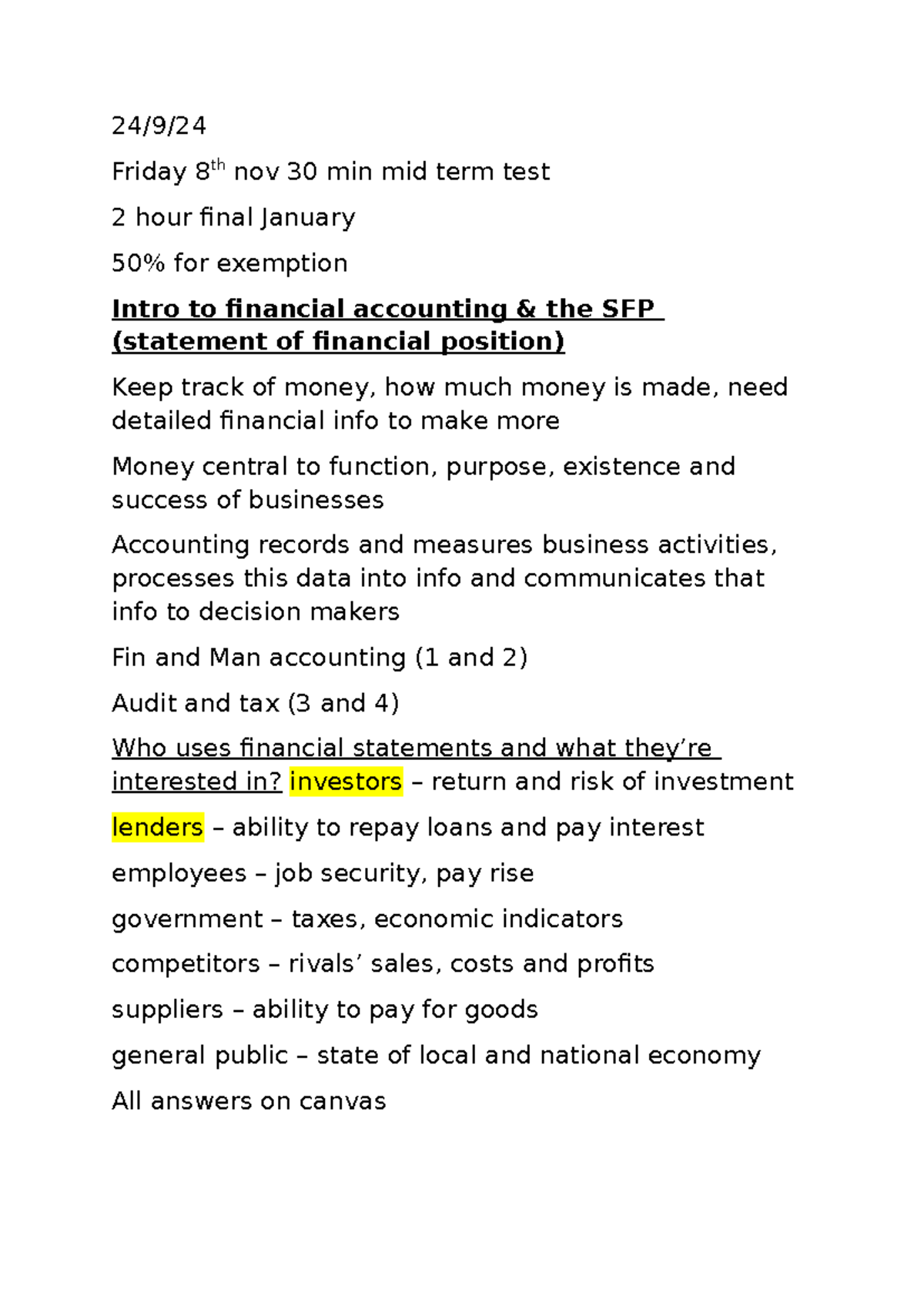 ACFI 101 - Financial Accounting Overview & Midterm Review Notes - Studocu