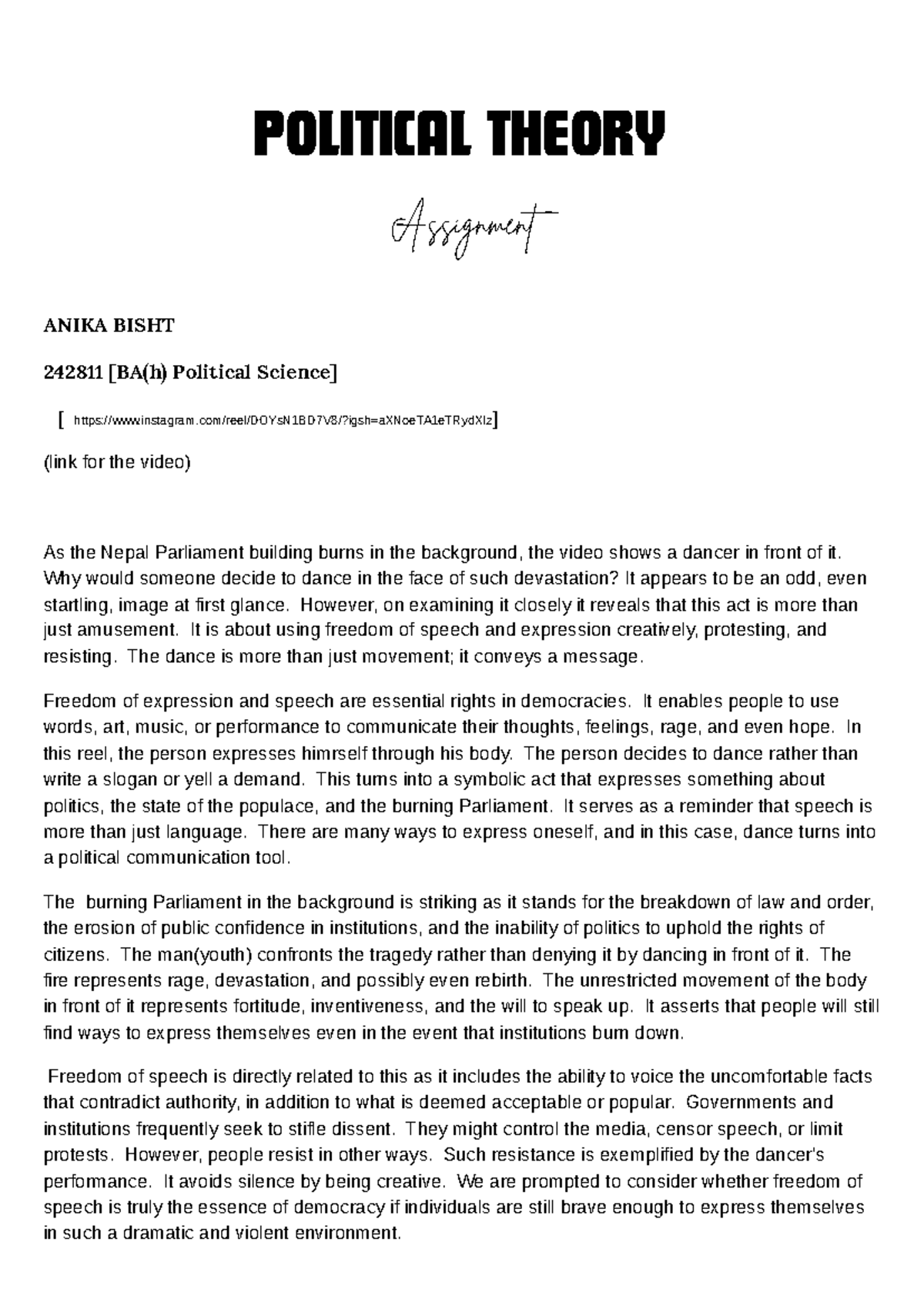 POLITICAL THEORY Assignment: Dance as Political Expression in Democracy ...