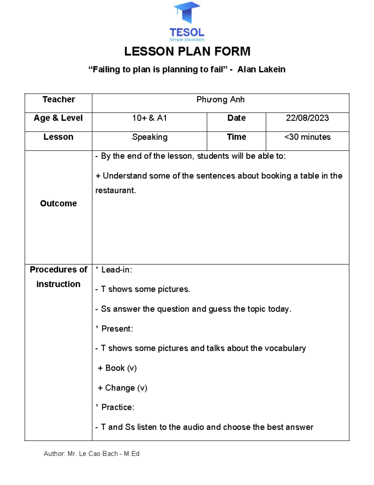 Lesson Plan A1 Speaking: Booking a Table in a Restaurant - Studocu