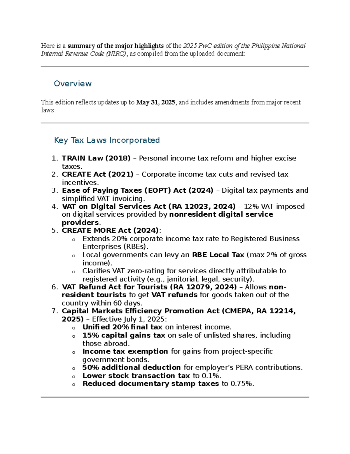 2025 PwC NIRC Highlights: Key Tax Law Updates & Changes - Studocu