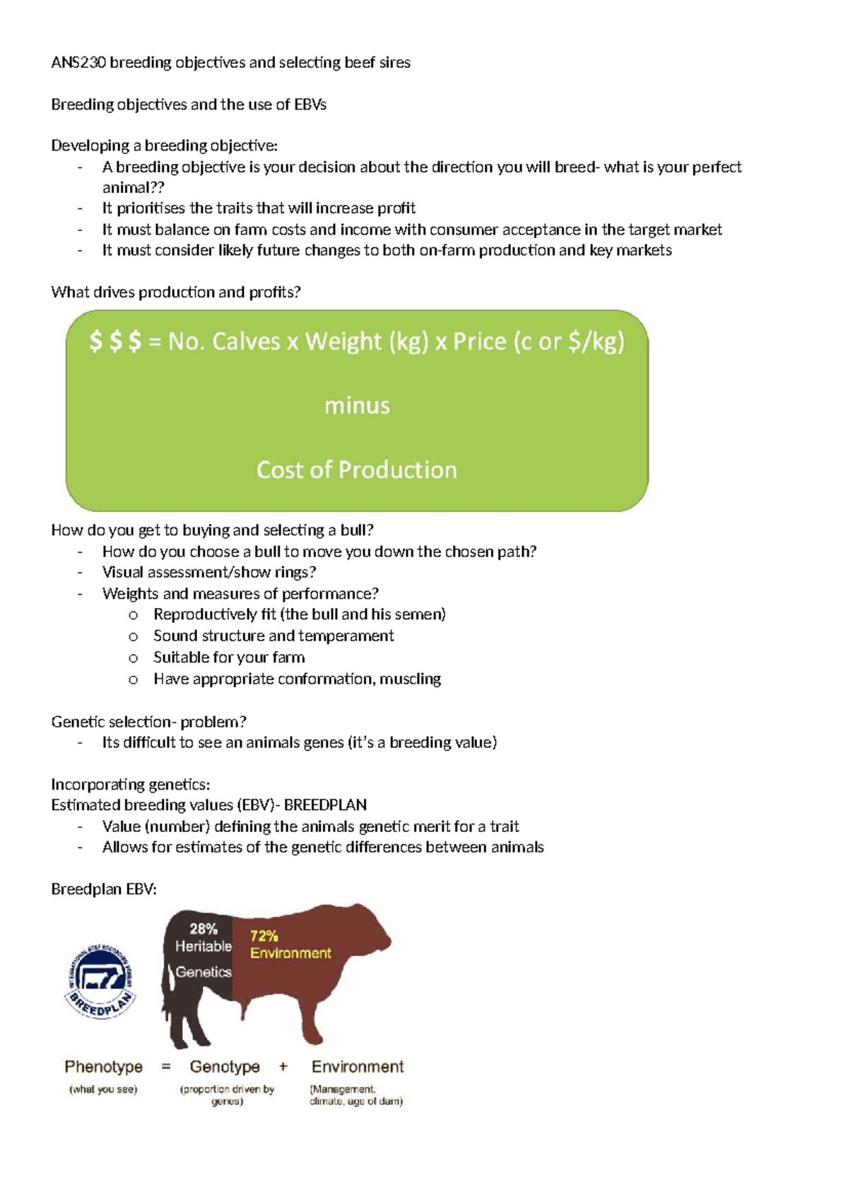 ANS230 Breeding Objectives & Selecting Beef Sires: EBVs Explained - Studocu