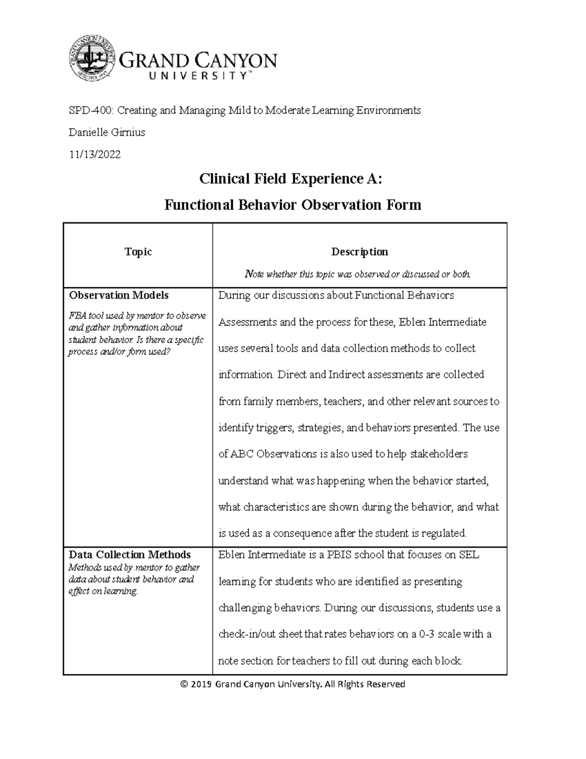 GCU SPD-400 Week 5 Assignment - Analysis of Functional Behavior ...