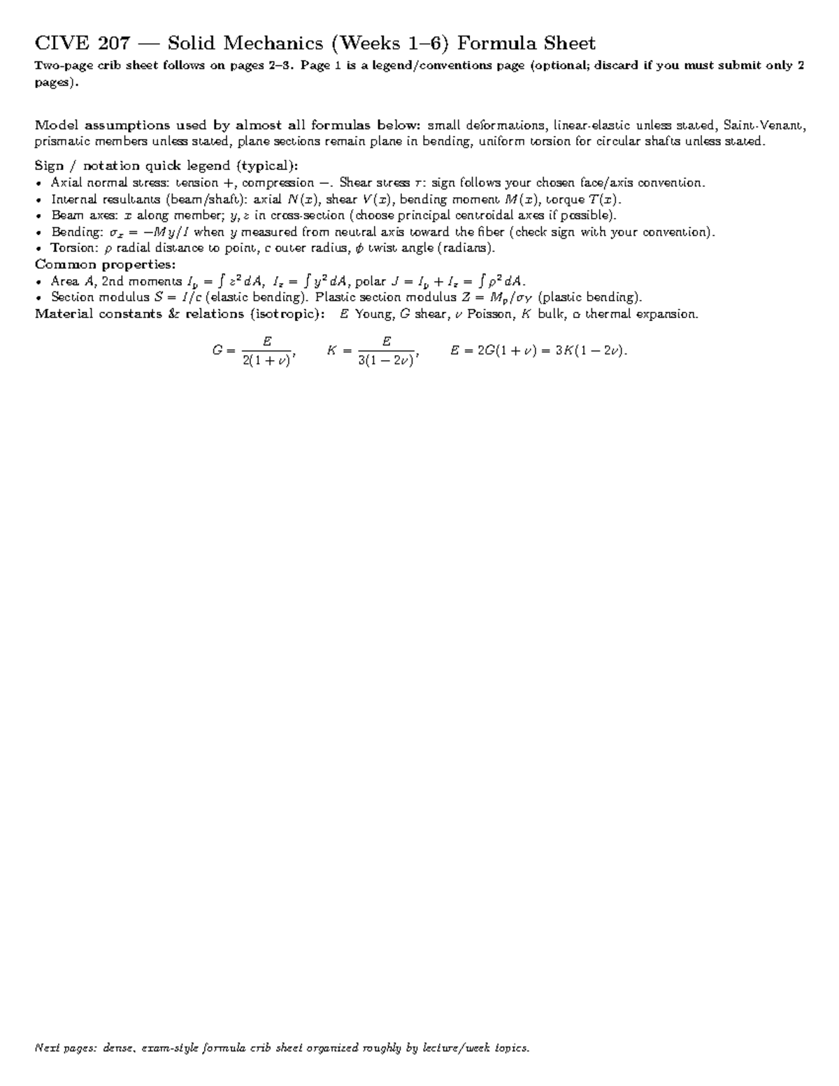 CIVE 207 Solid Mechanics Final Exam Formula Sheet - Studocu