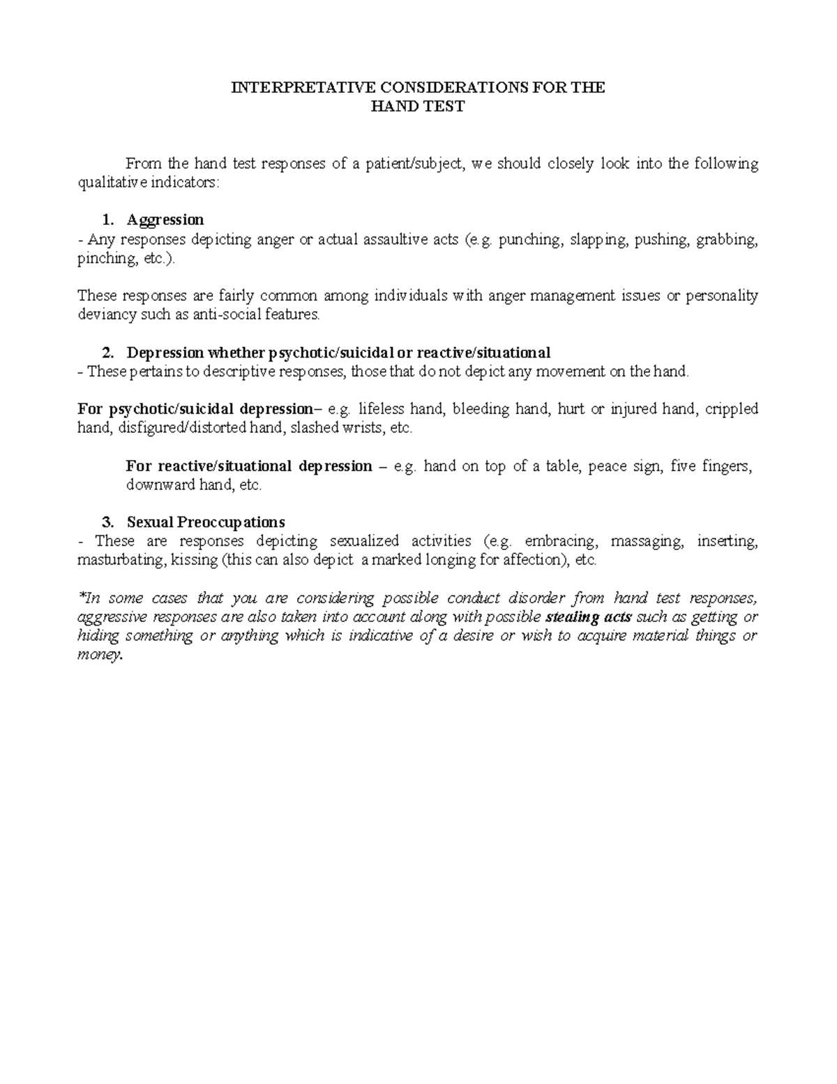 Hand Test - Lecture Notes: Interpretative Considerations and Indicators ...