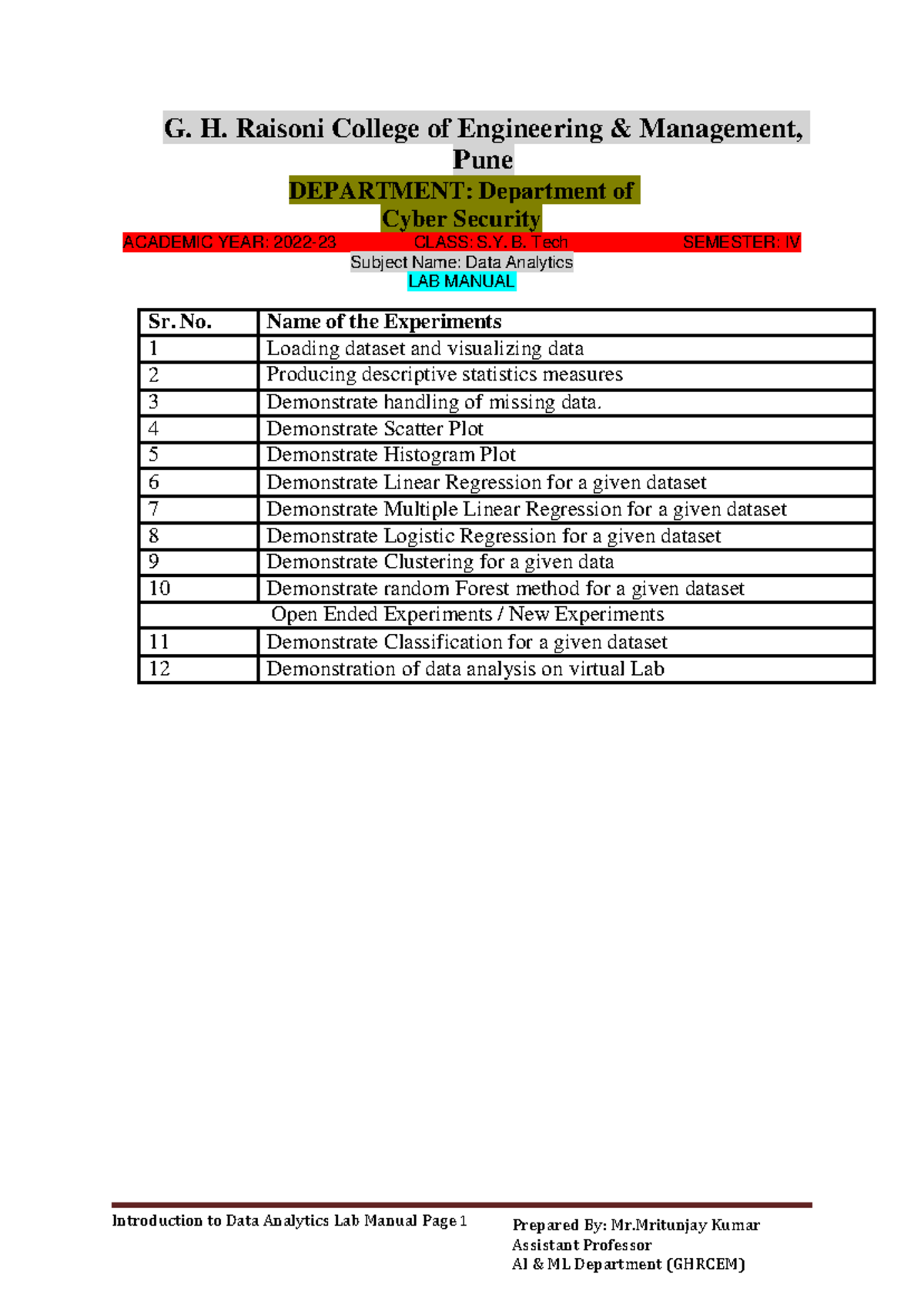 DA LAB Manual - Introduction to Data Analytics Lab Manual Page 1 ...