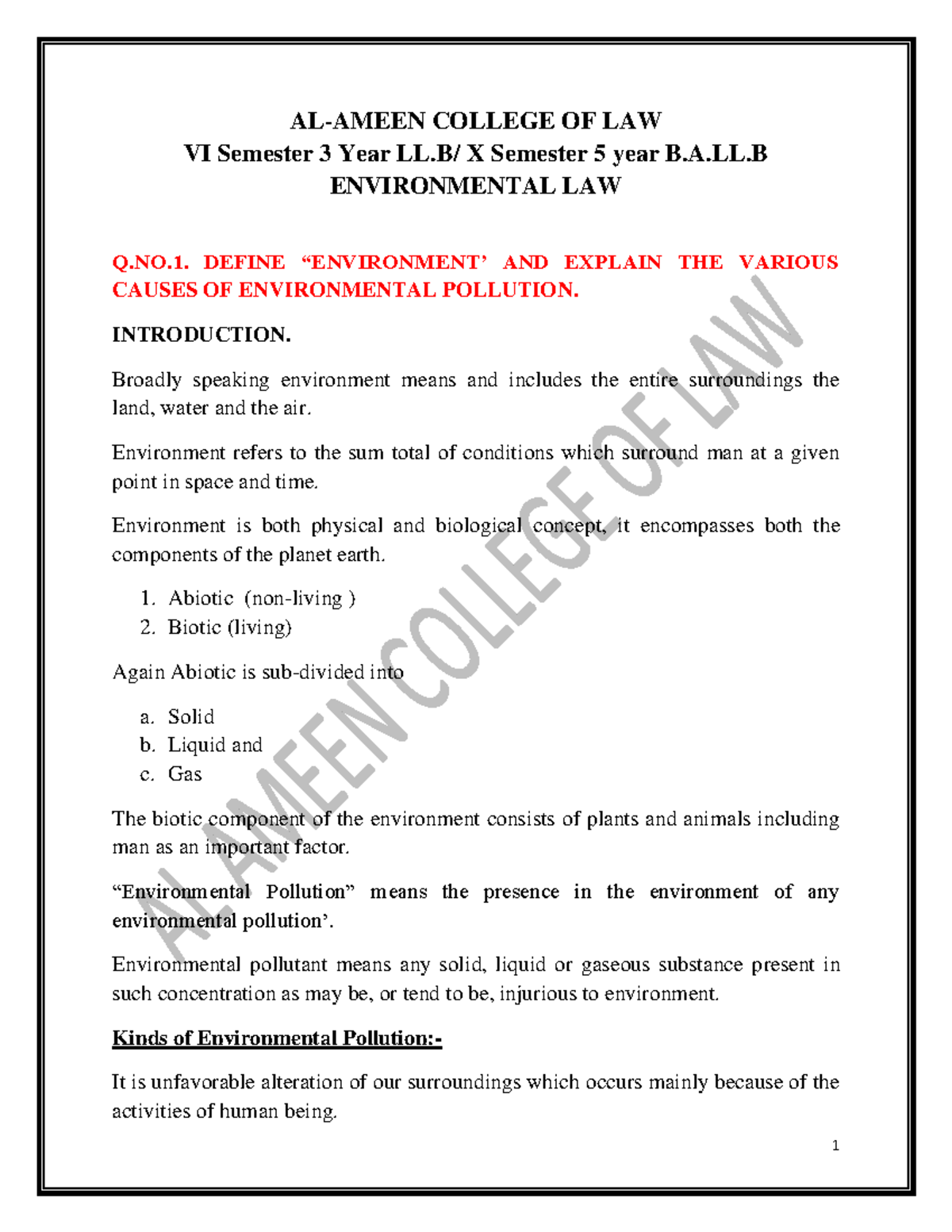 Environmental Law Study Notes - AL Ameen College 6th Sem LL.B - Studocu