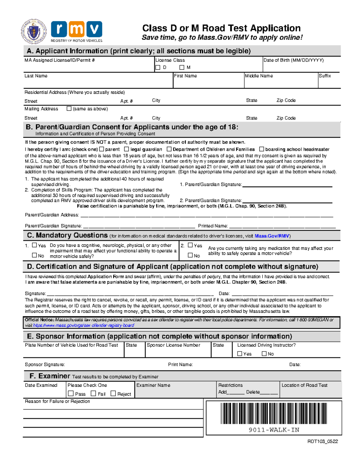 RDT103 - Class D or M Road Test Application Form (Fillable) - Studocu