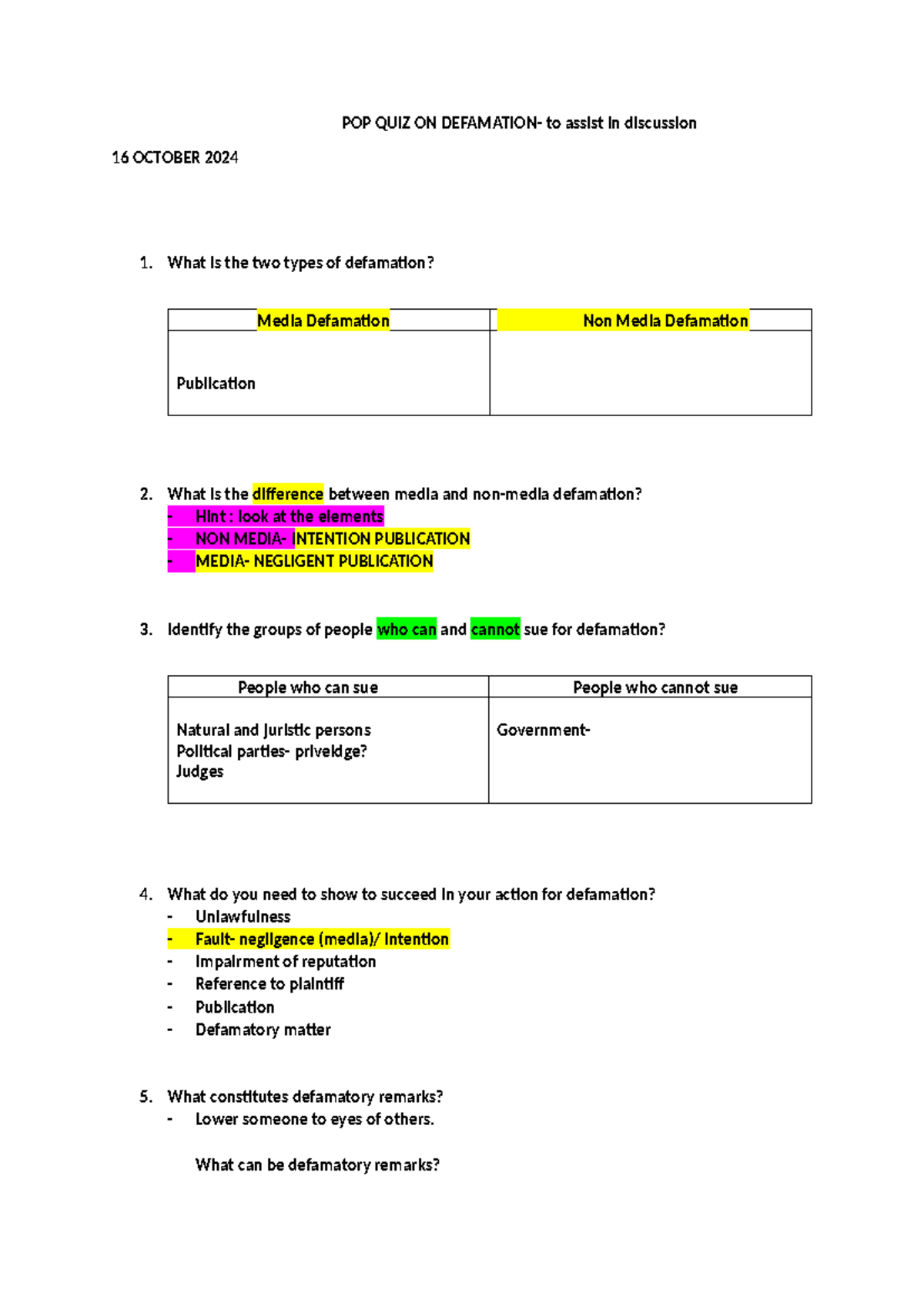 POP QUIZ ON DEFAMATION: DISCUSSION QUESTIONS (16 OCT 2024) - Studocu