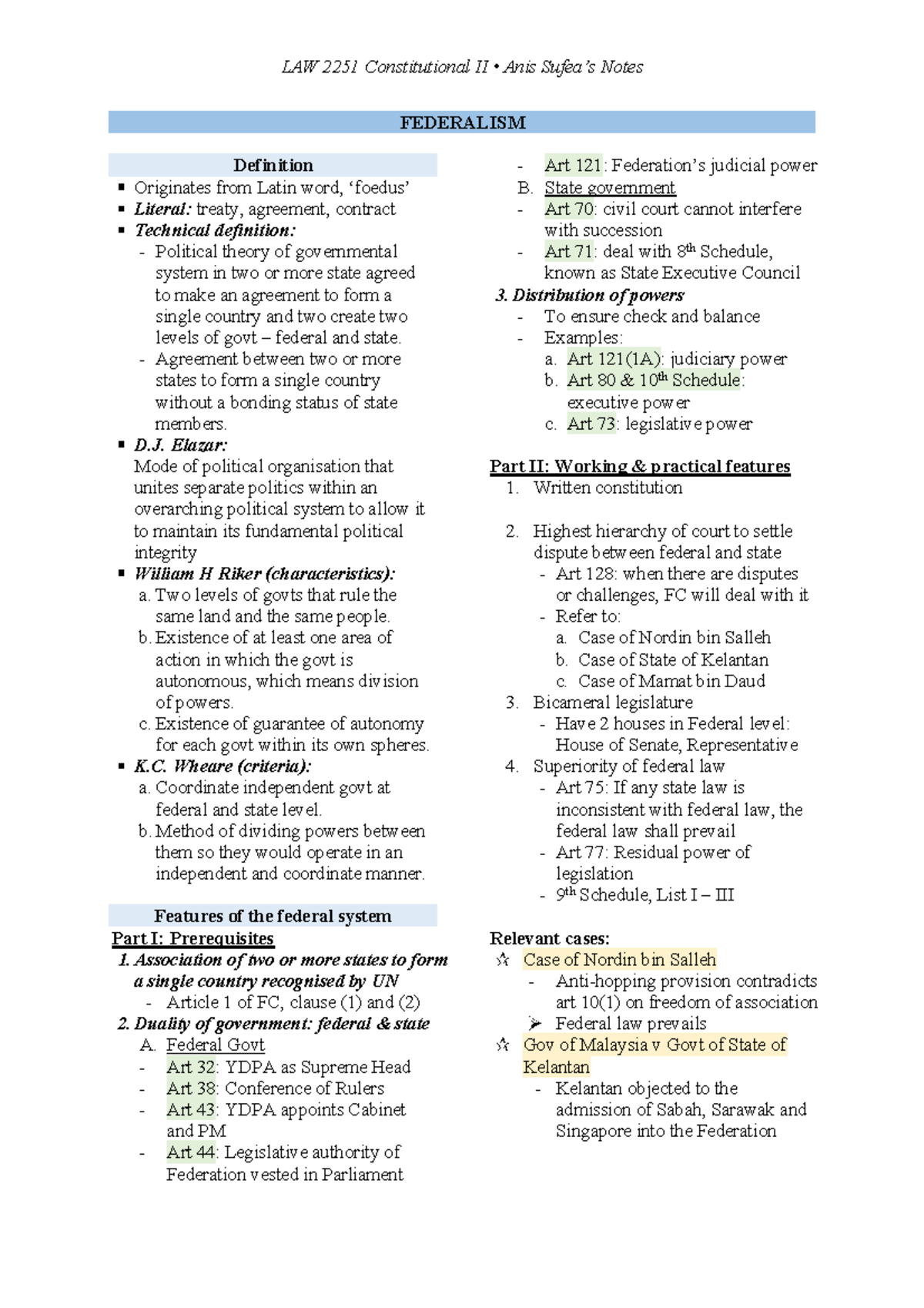 LAW 2251 Constitutional II Anis Notes on Federalism: Definition ...