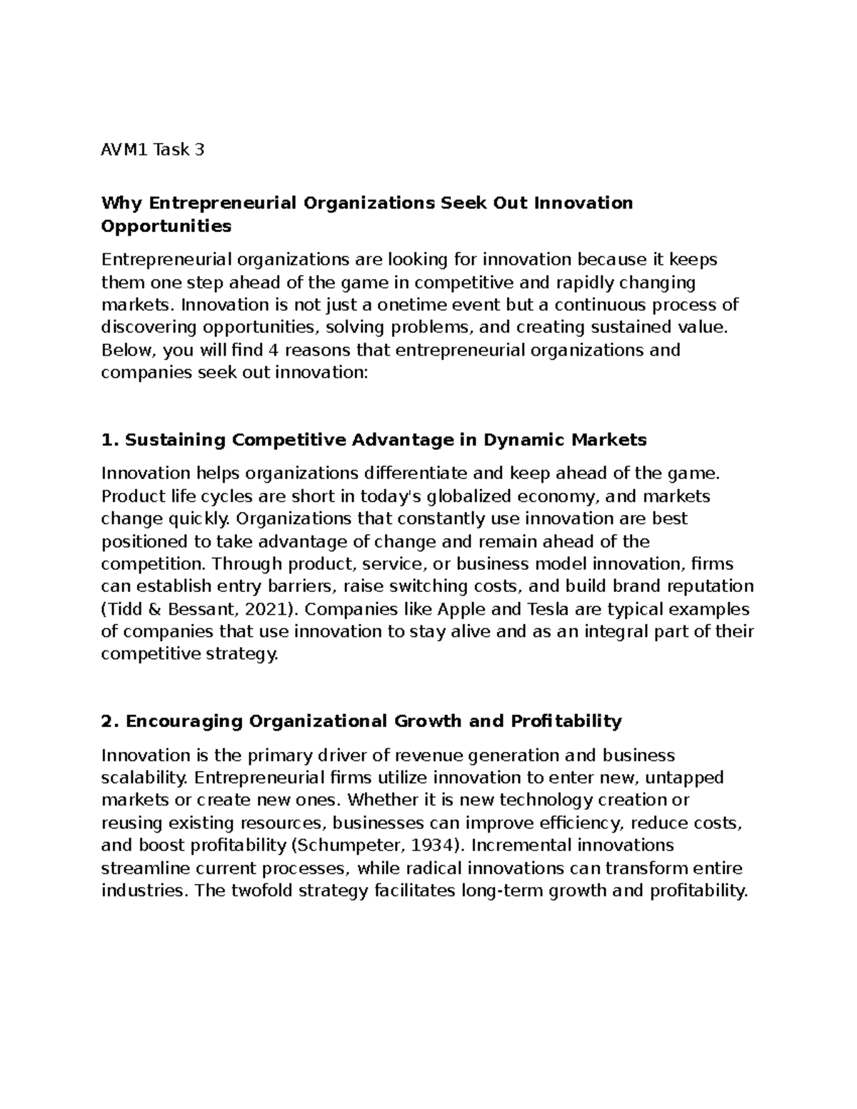 AVM1 Task 3 - The Importance of Innovation for Entrepreneurs - Studocu