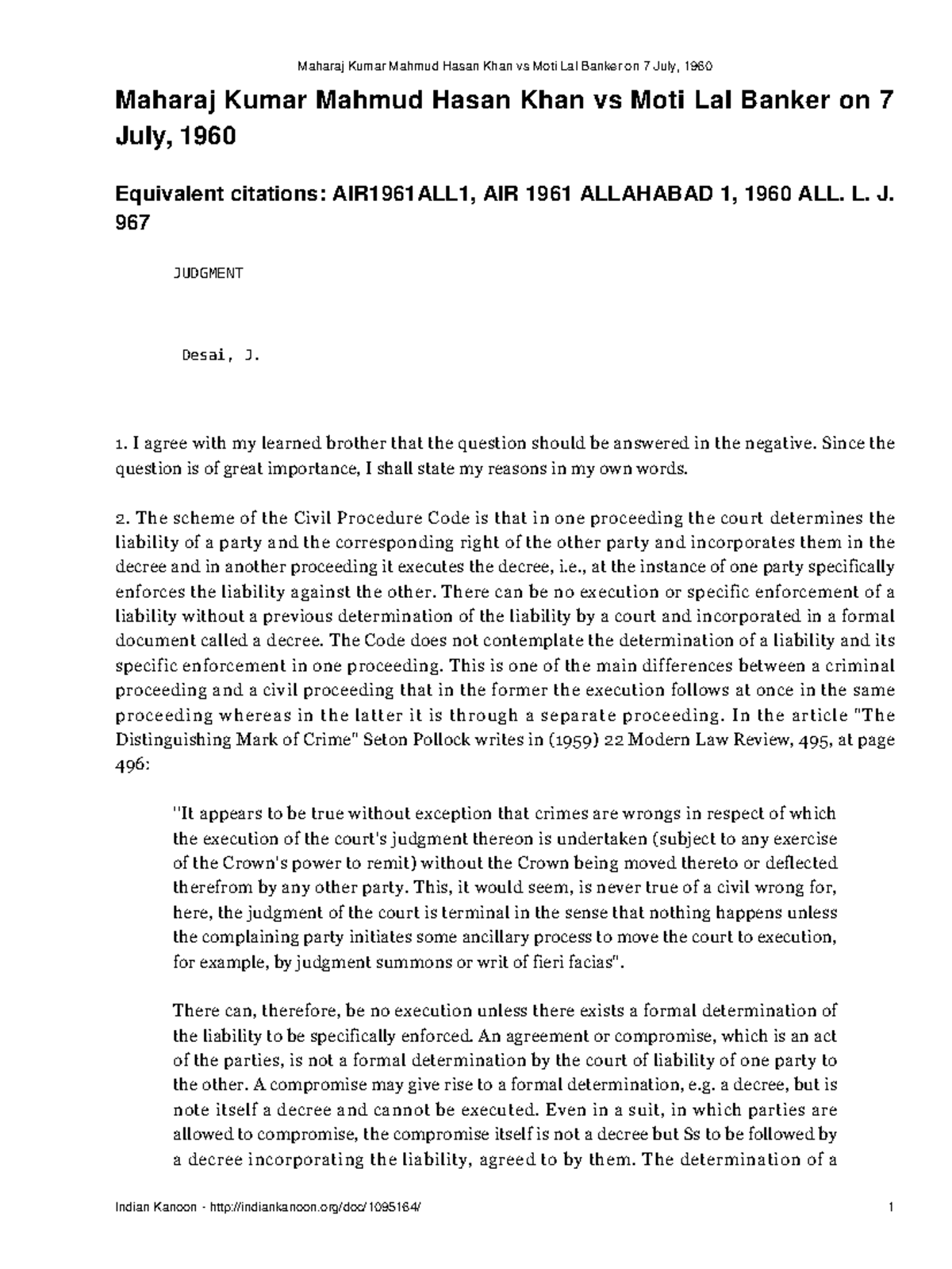 Maharaj Kumar Mahmud Hasan Khan vs Moti Lal Banker: Execution ...