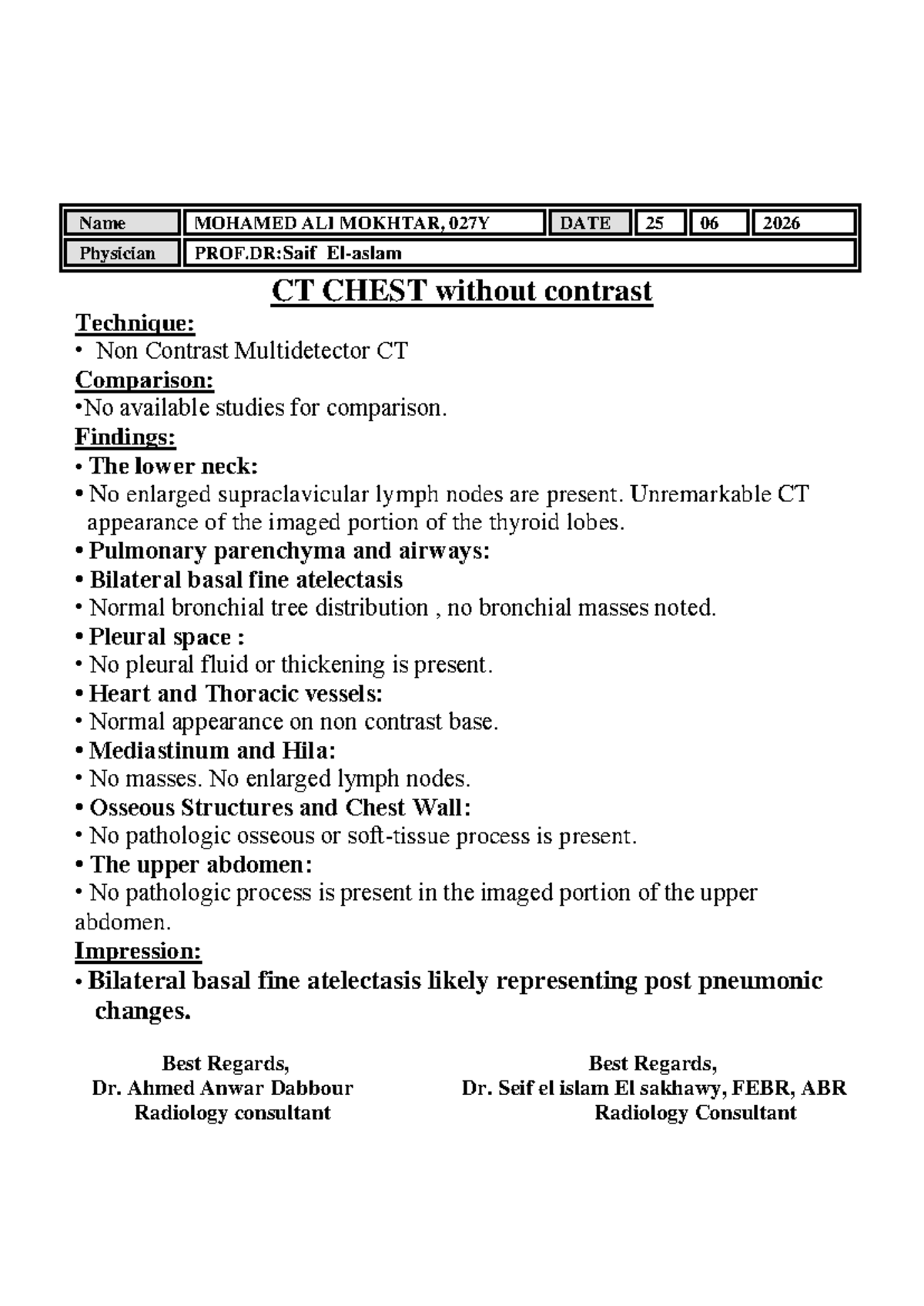CT Chest Report for Mohamed Ali Mokhtar, 027Y - 25 June 2026 - Studocu