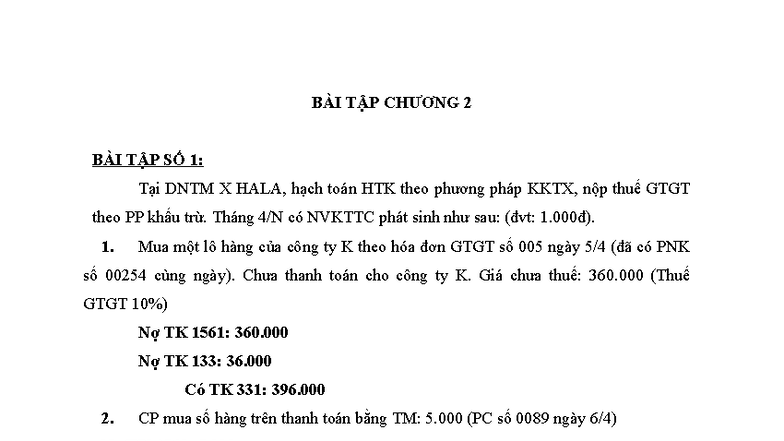 BÀI TẬP CHƯƠNG 2: Hạch Toán Hàng Tồn Kho Theo PP KKTX - Studocu