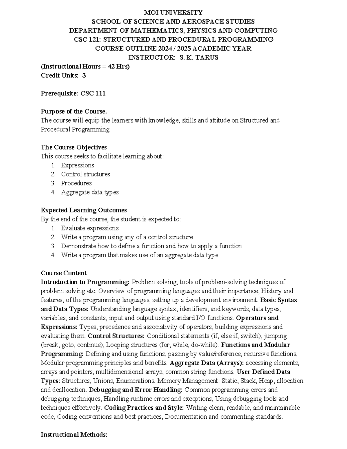 CSC 121 Course Outline: Structured & Procedural Programming 2024-2025 ...