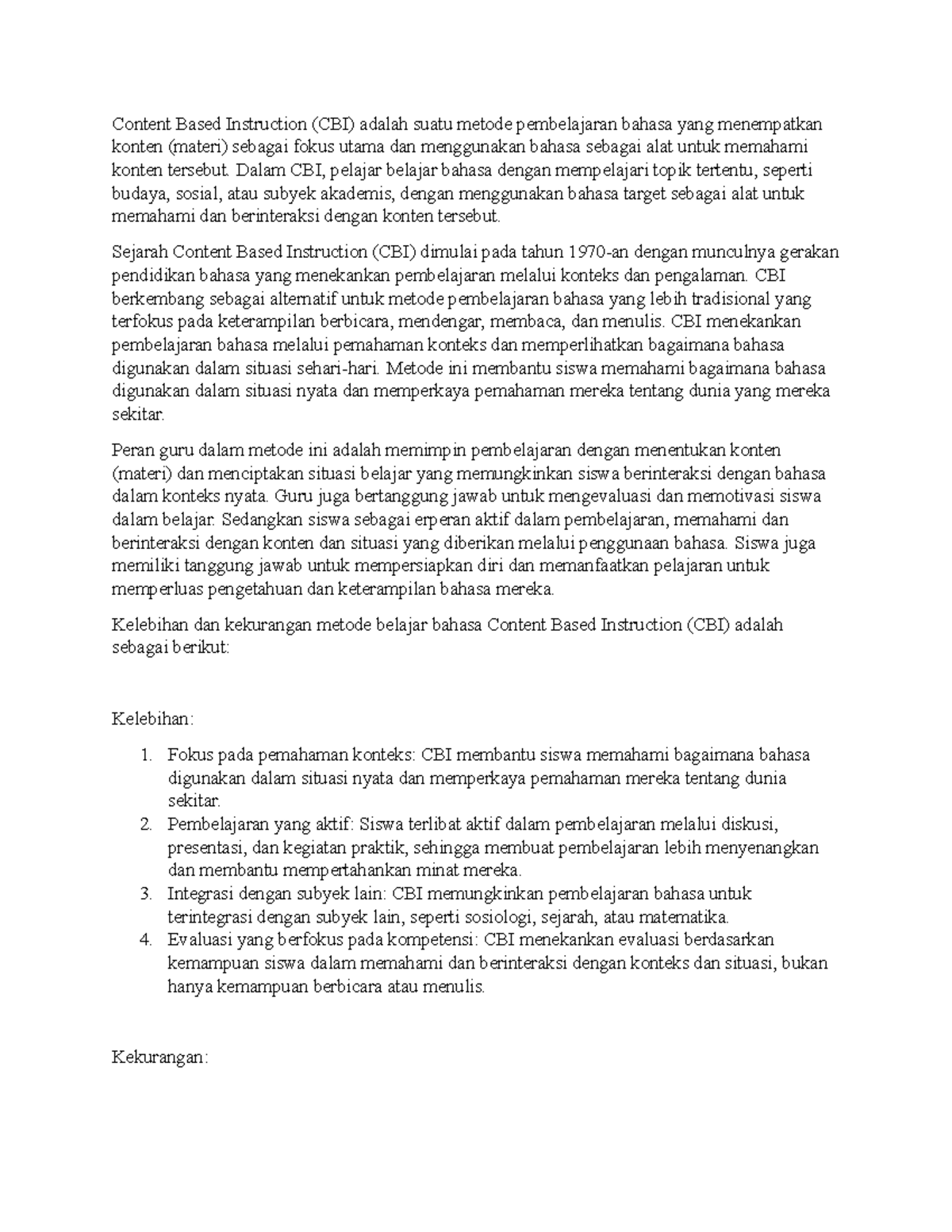 CBI: Metode Pembelajaran Bahasa Berbasis Konten dan Strateginya - Studocu