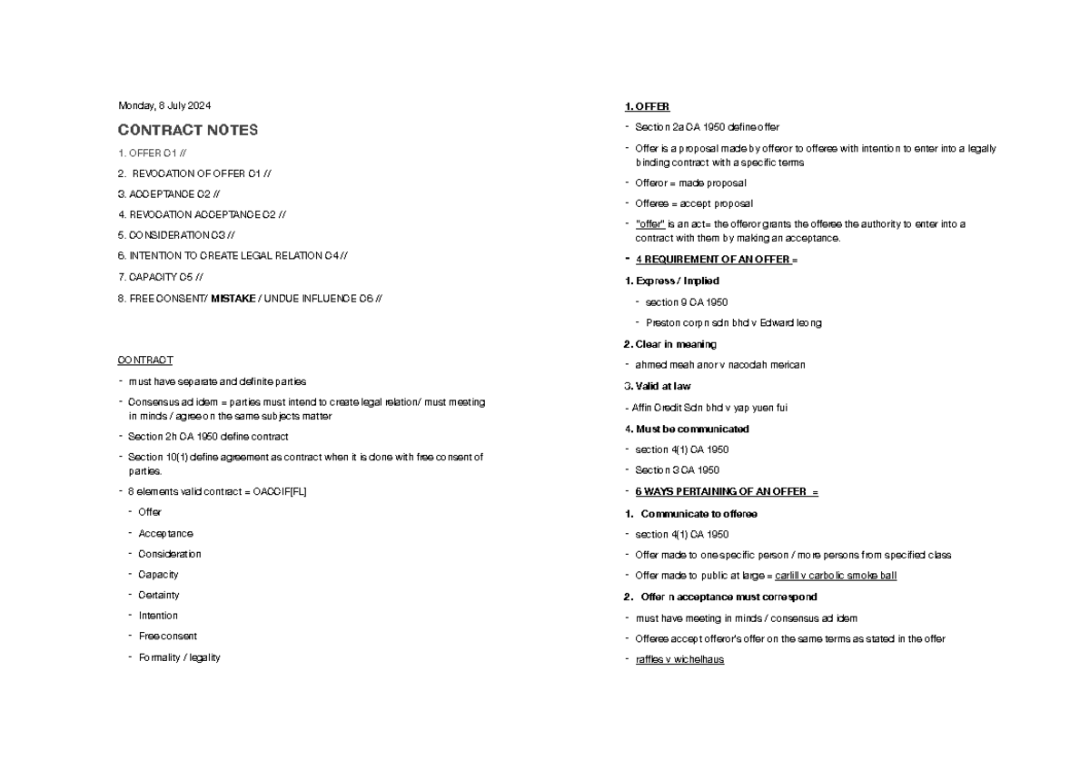 Notes contract sem 1 - Monday, 8 July 2024 CONTRACT NOTES 1. OFFER C1 ...