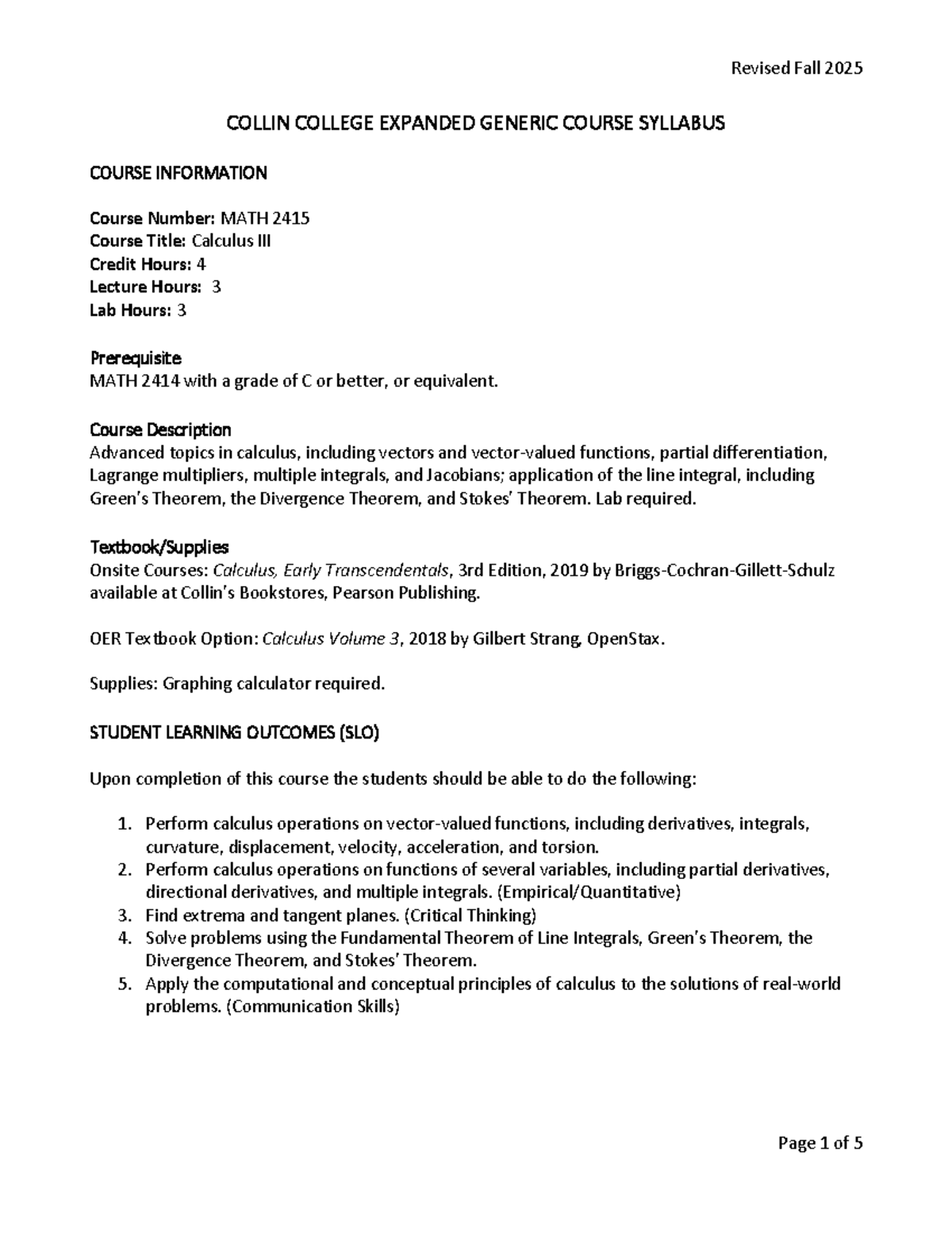 Syllabus for MATH 2415: Advanced Calculus Course (Fall 2025) - Studocu