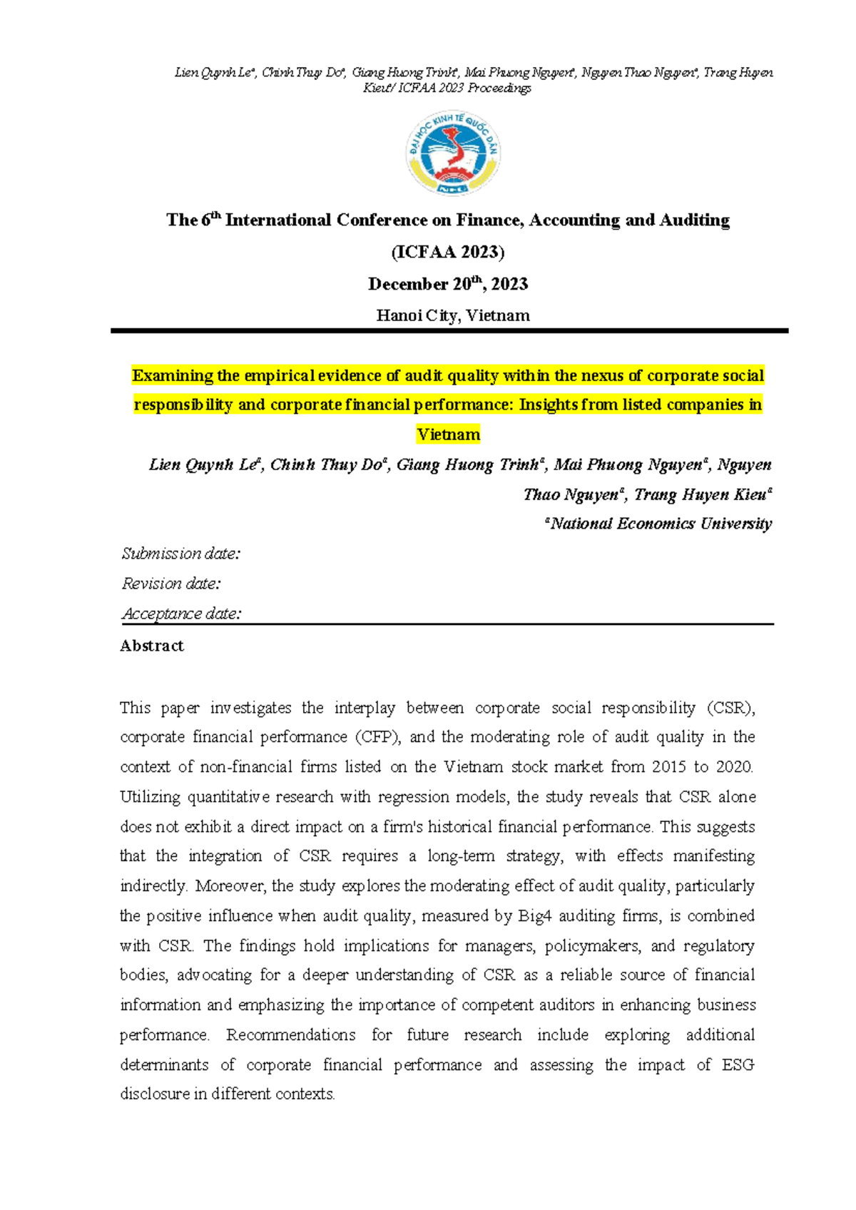 ICFAA 2023: Audit Quality's Role in CSR and Financial Performance in ...