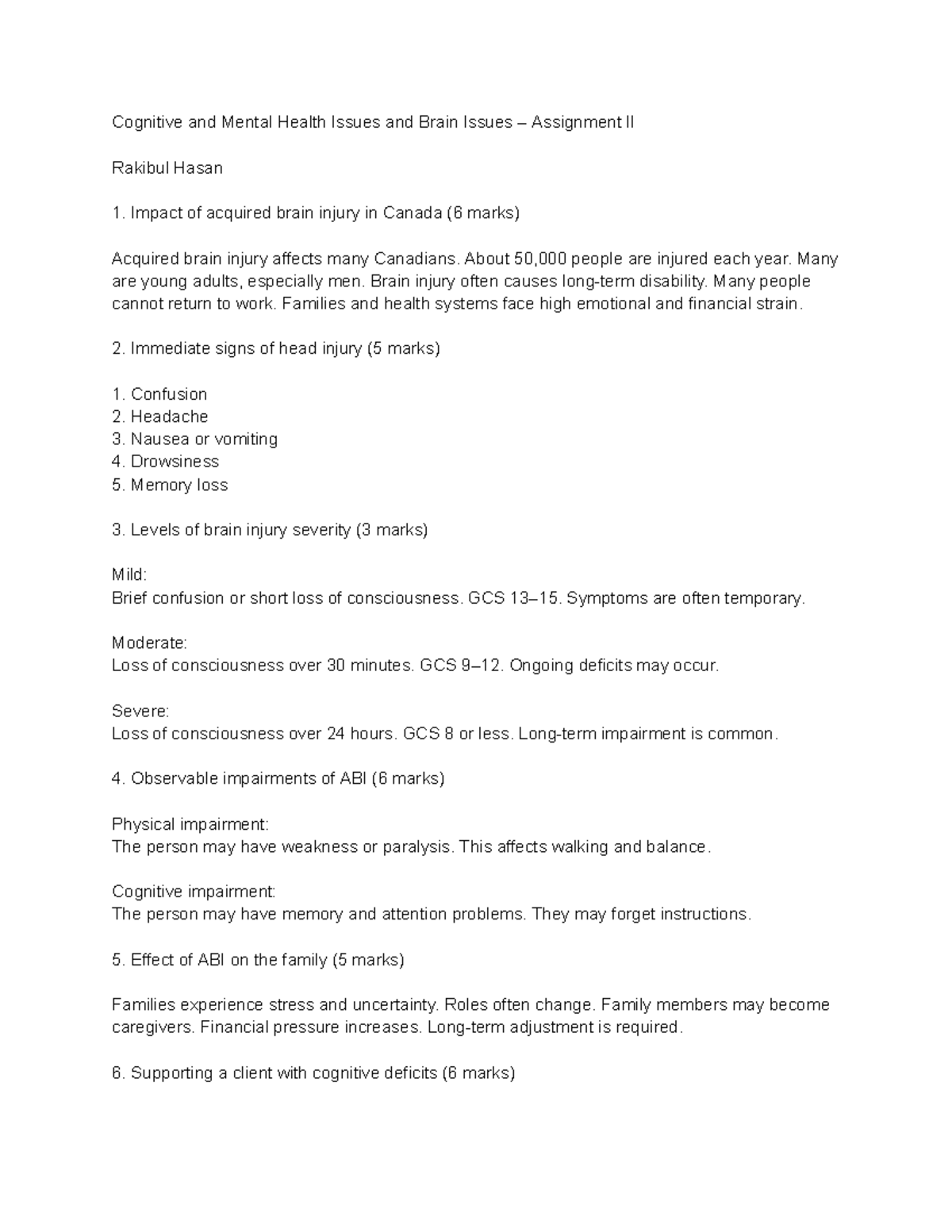 Cognitive & Mental Health Issues Assignment II: ABI Impact & Support ...