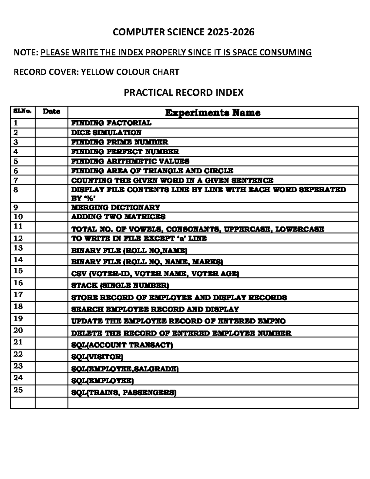 CS Practical Record Index 2025-26: Experiments Overview - Studocu