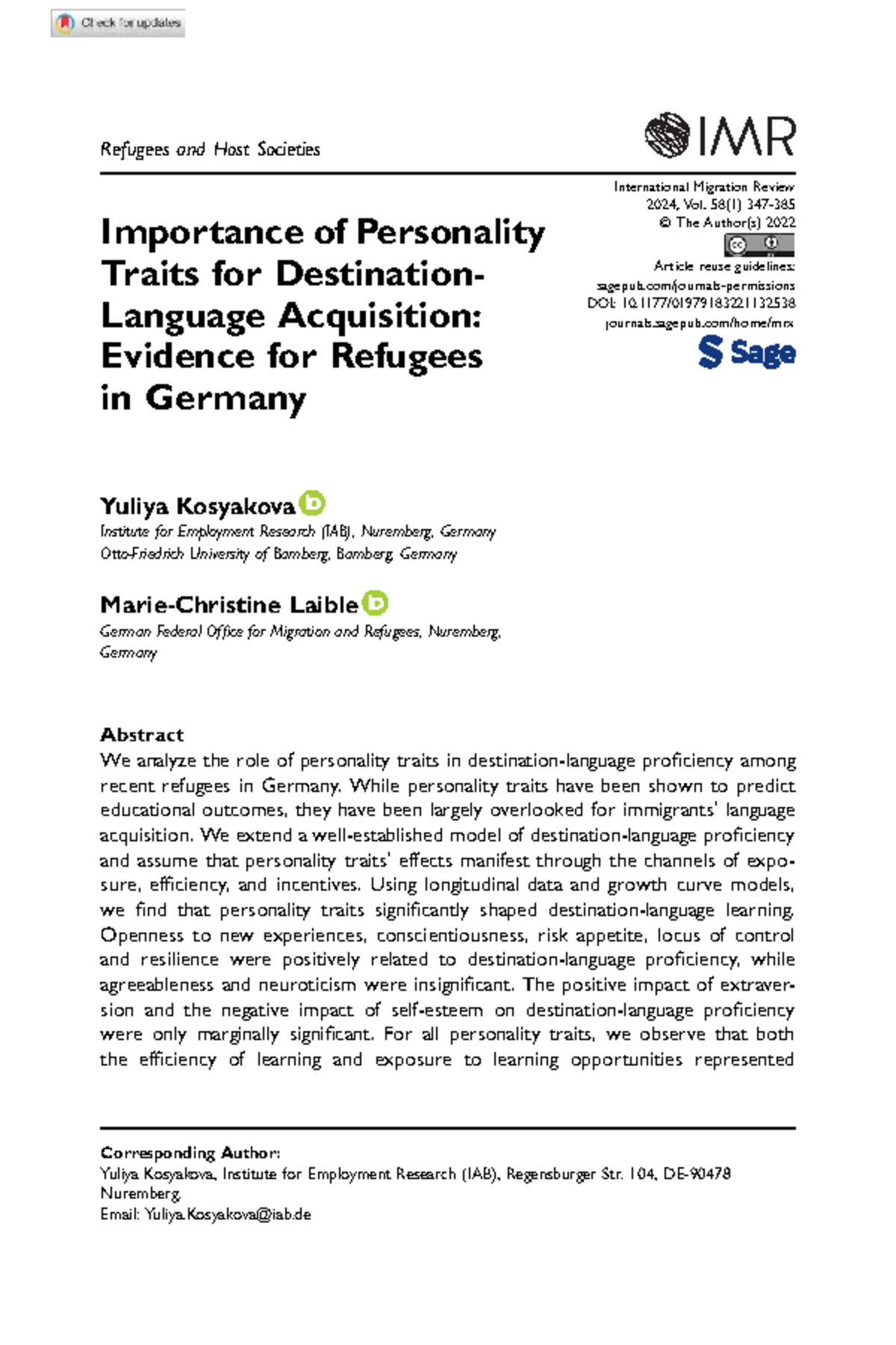Personality Traits and Destination-Language Acquisition of Refugees ...