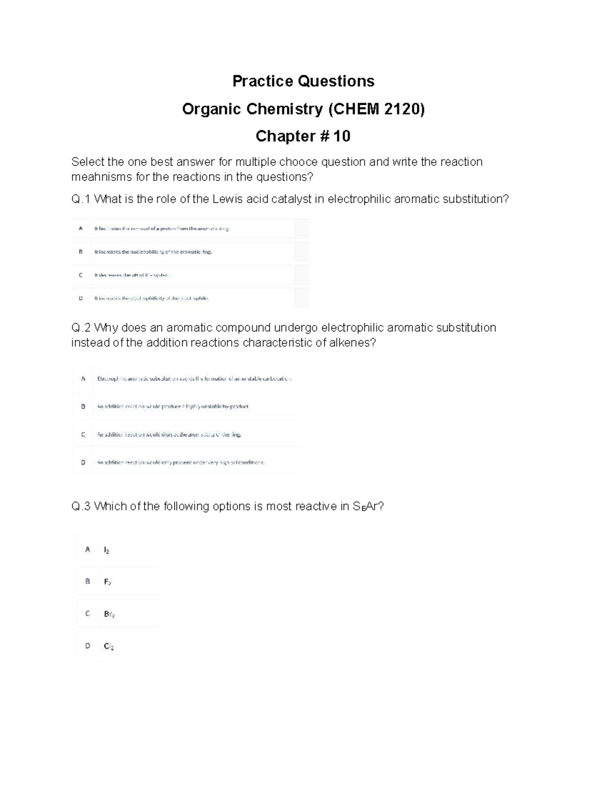 Practice Questions for Organic Chemistry (CHEM 2120) - Chapter 10 - Studocu