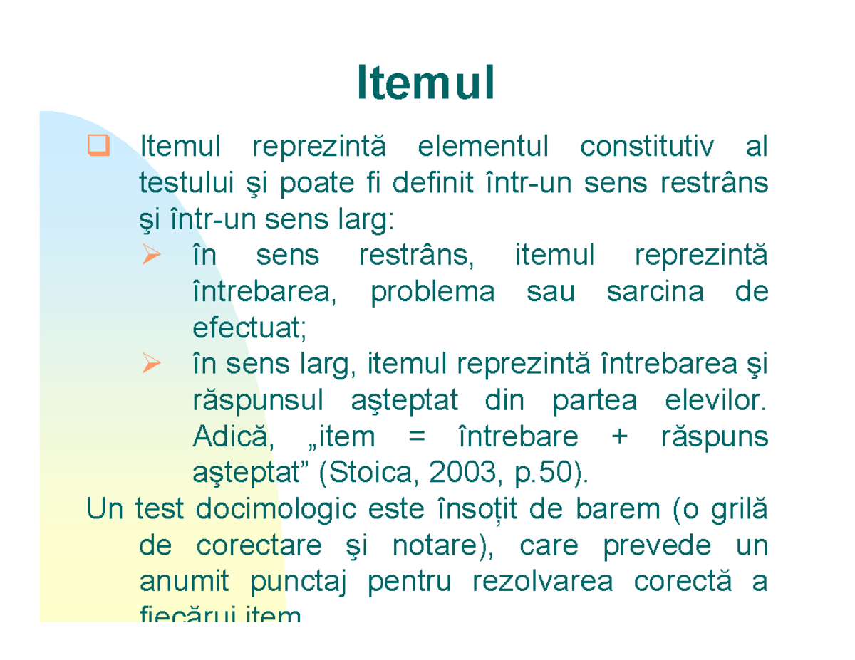 Tipuri de itemi în Evaluarea Pedagogică - Summary Pedagogie - Studocu