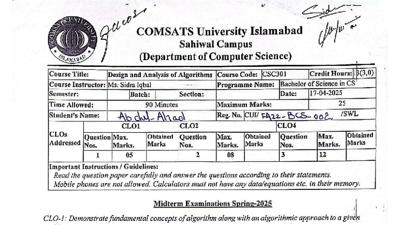 DAA - Midterm Exam - CSC301 - Design & Analysis of Algorithms - Studocu