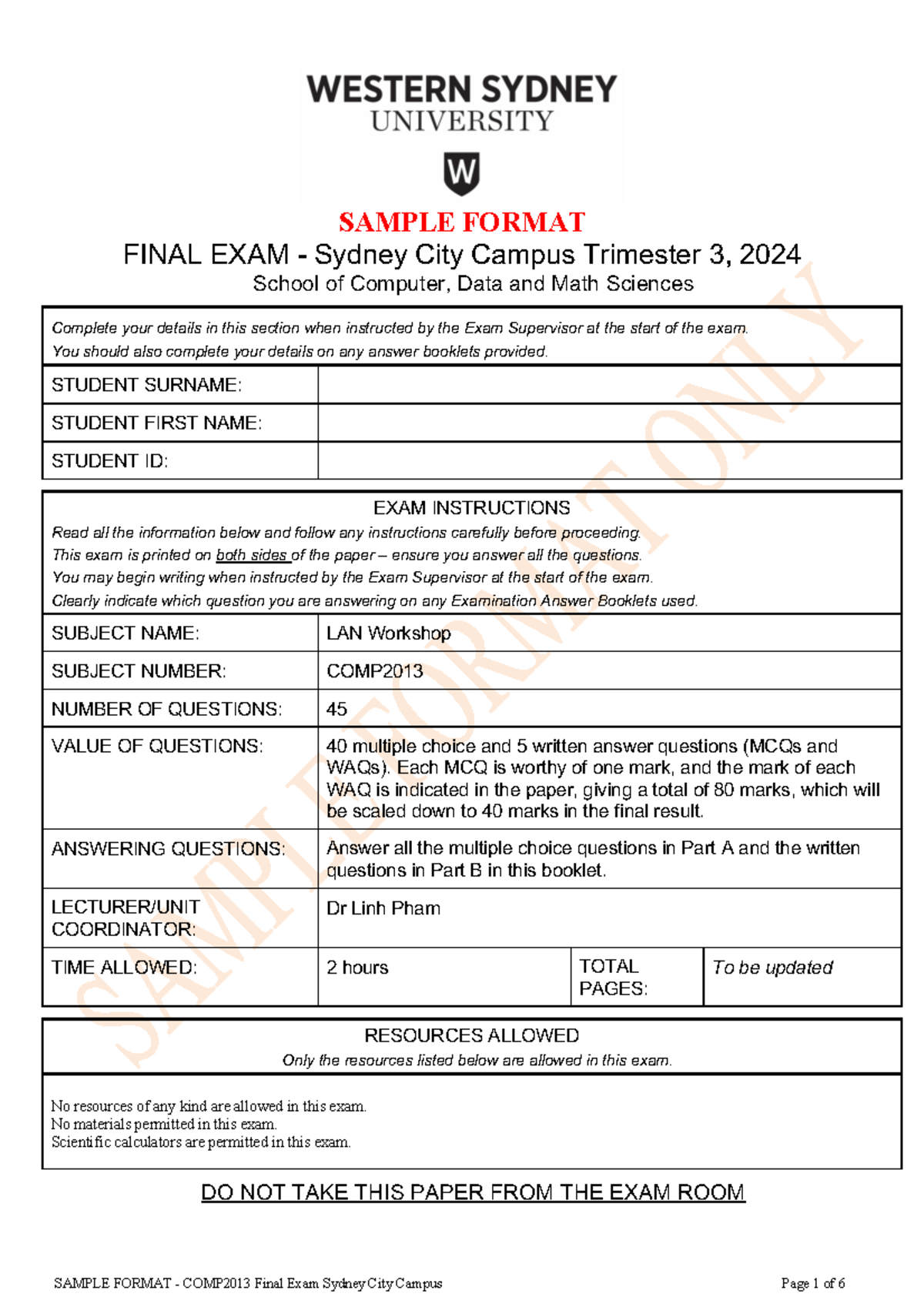 COMP2013 Final Exam Sample Format - LAN Workshop SCC 2024 - Studocu